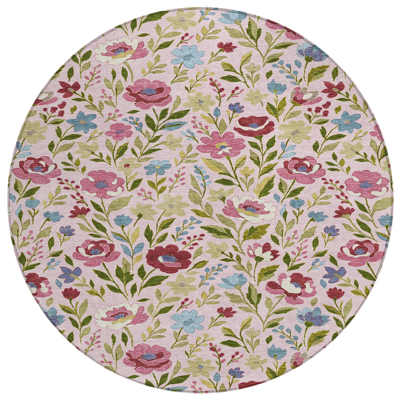 8' Pink And Linen Round Floral Washable Indoor Outdoor Area Rug Homeroots Outdoor
