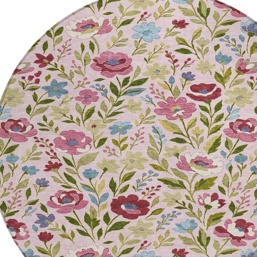 8' Pink And Linen Round Floral Washable Indoor Outdoor Area Rug Homeroots Outdoor