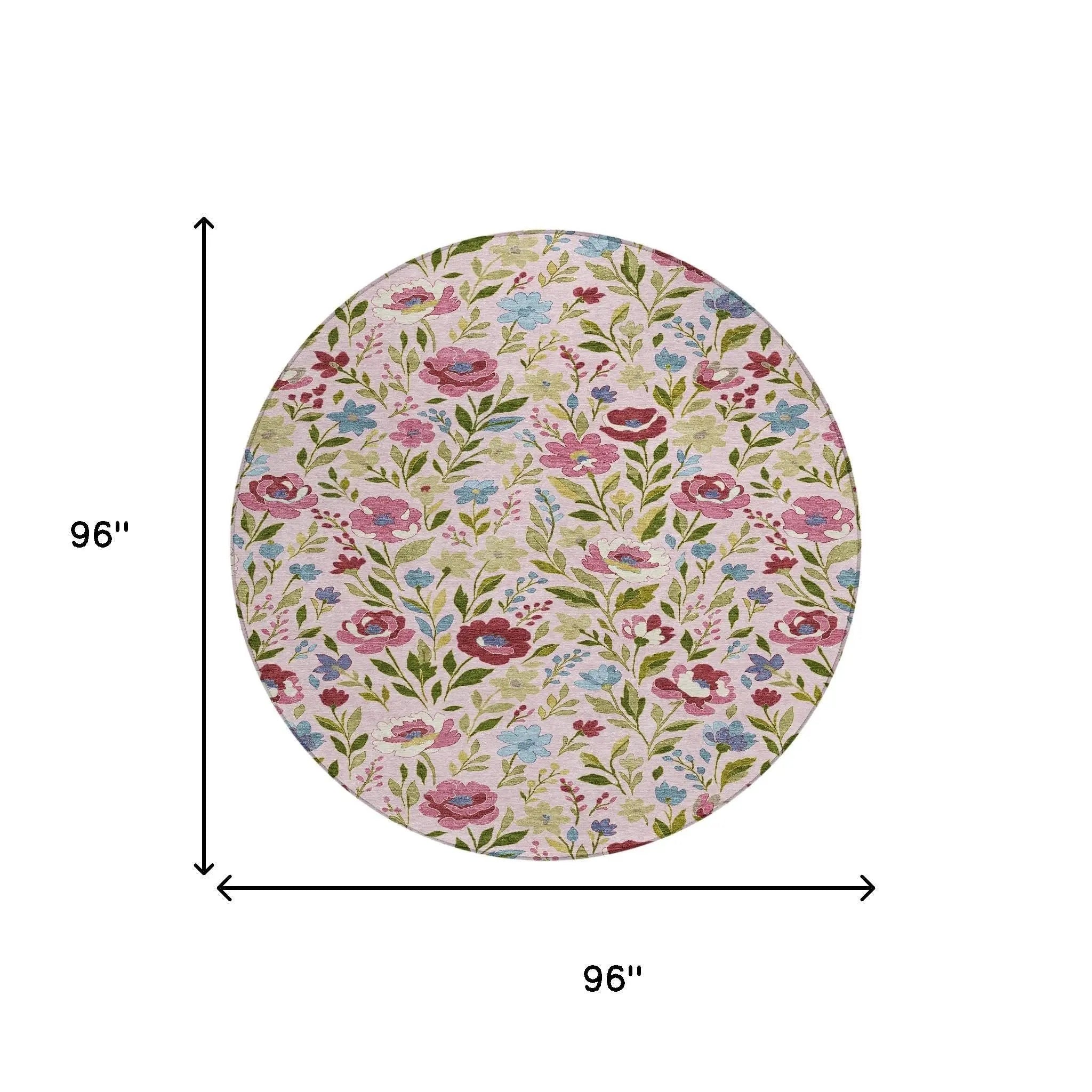 8' Pink And Linen Round Floral Washable Indoor Outdoor Area Rug Homeroots Outdoor