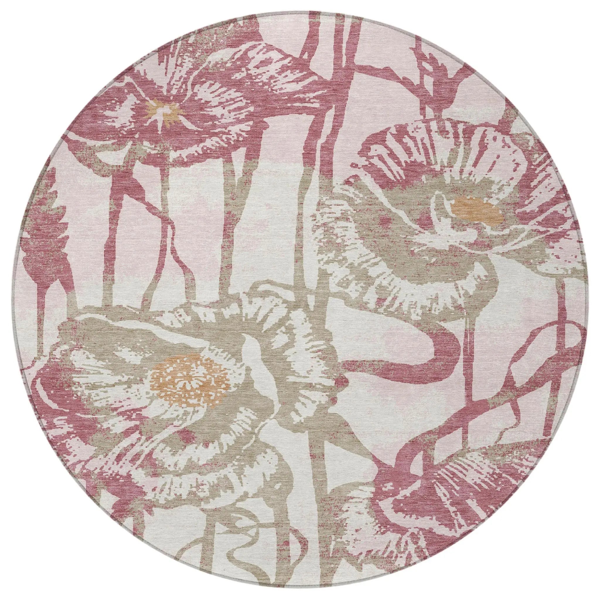 8' Pink And Linen Round Floral Washable Indoor Outdoor Area Rug Homeroots Outdoor