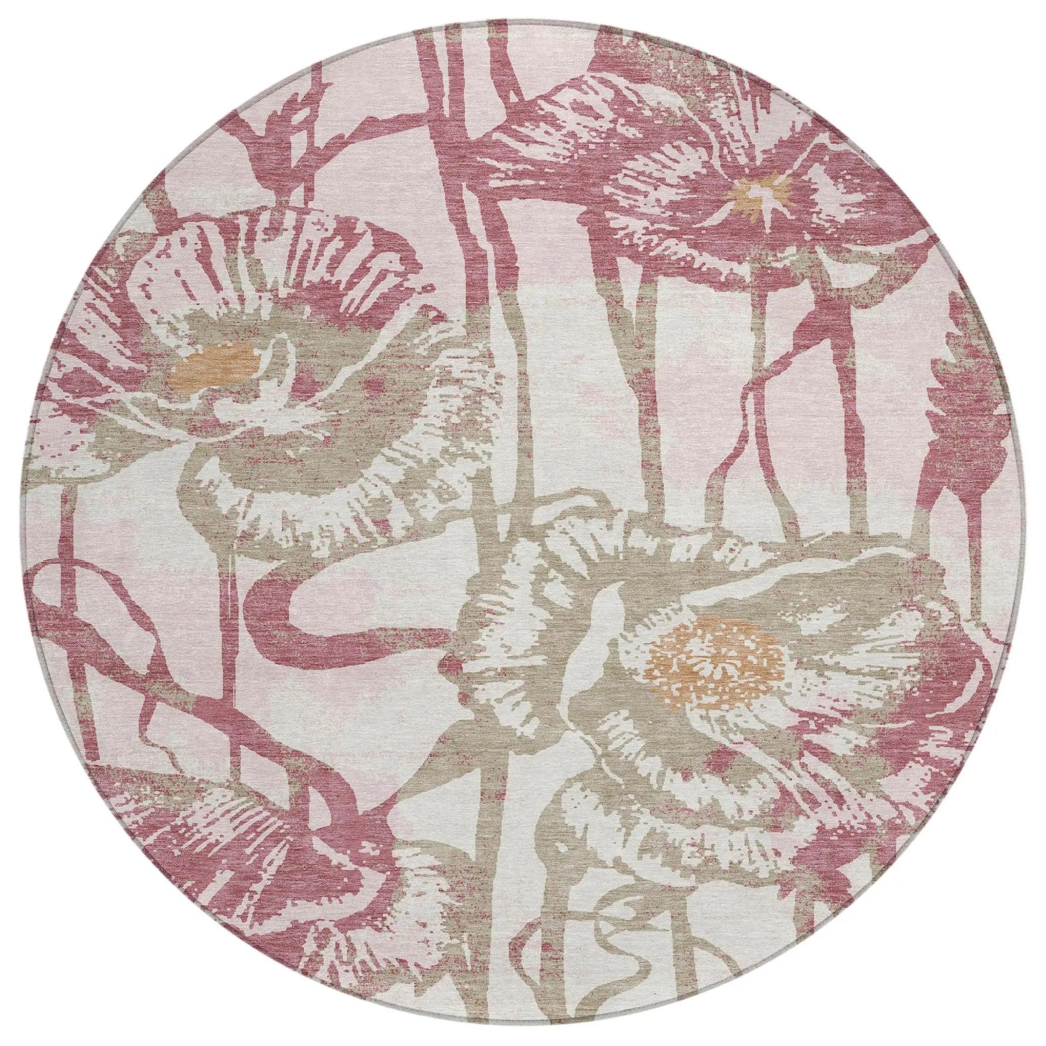 8' Pink And Linen Round Floral Washable Indoor Outdoor Area Rug Homeroots Outdoor