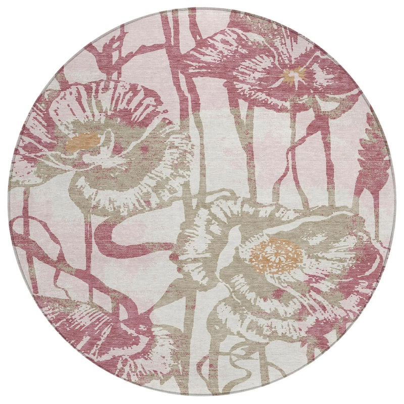 8' Pink And Linen Round Floral Washable Indoor Outdoor Area Rug Homeroots Outdoor