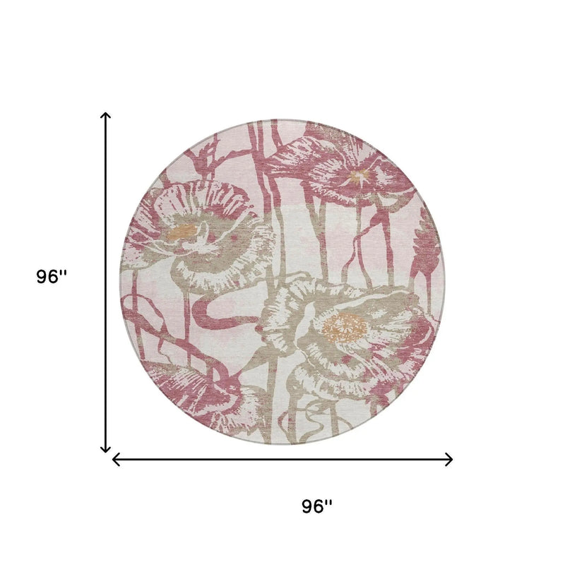 8' Pink And Linen Round Floral Washable Indoor Outdoor Area Rug Homeroots Outdoor