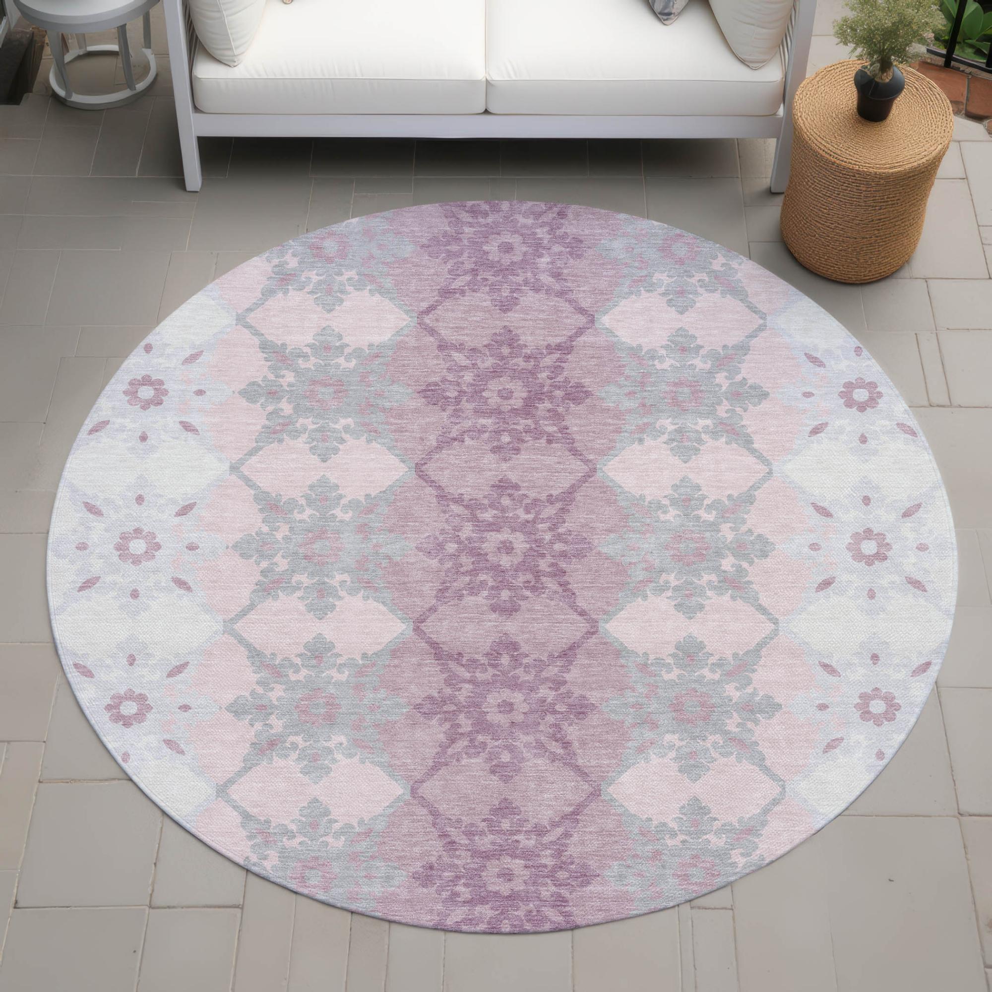 8' Pink And Pearl Round Floral Medallion Washable Indoor Outdoor Area Rug Homeroots Outdoor