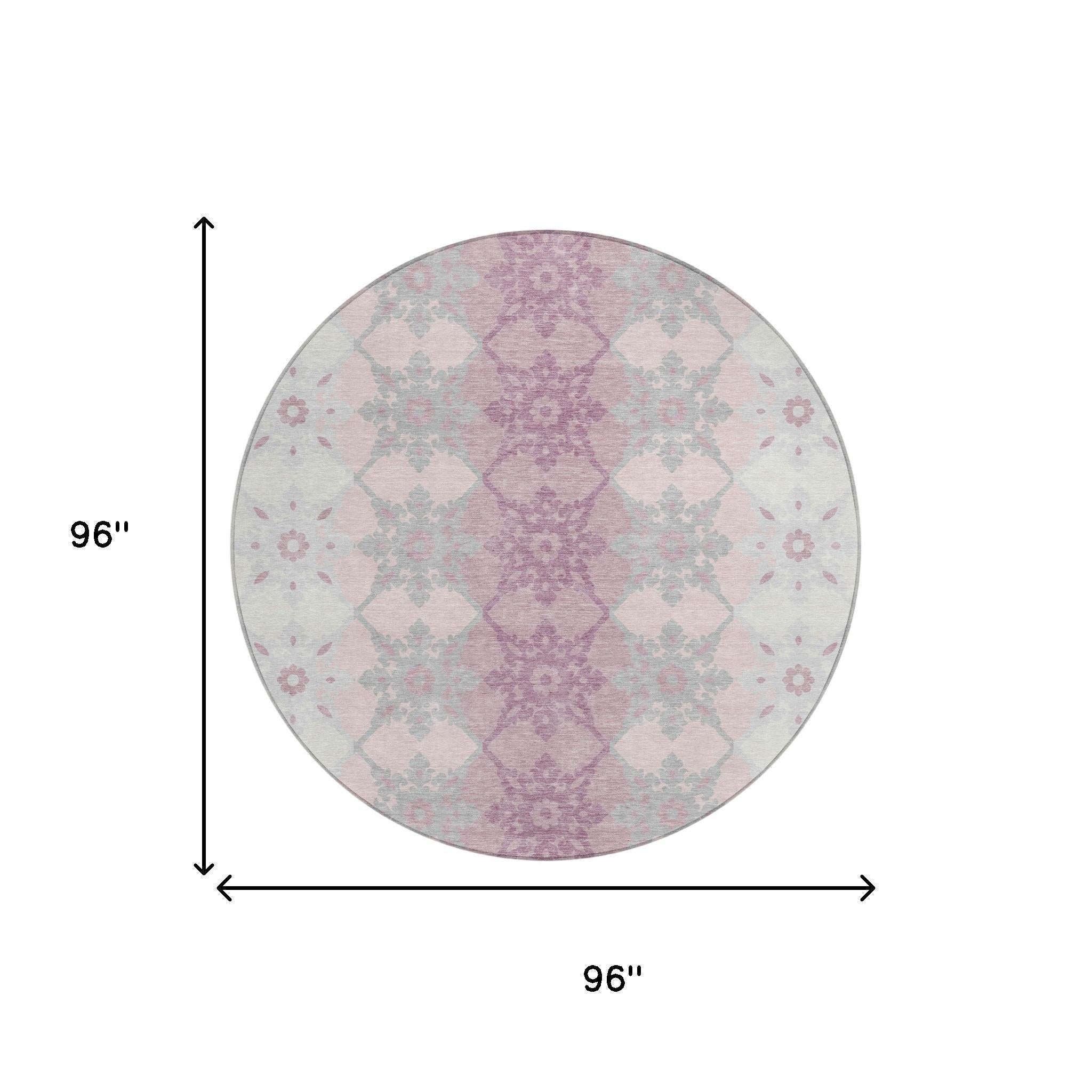 8' Pink And Pearl Round Floral Medallion Washable Indoor Outdoor Area Rug Homeroots Outdoor