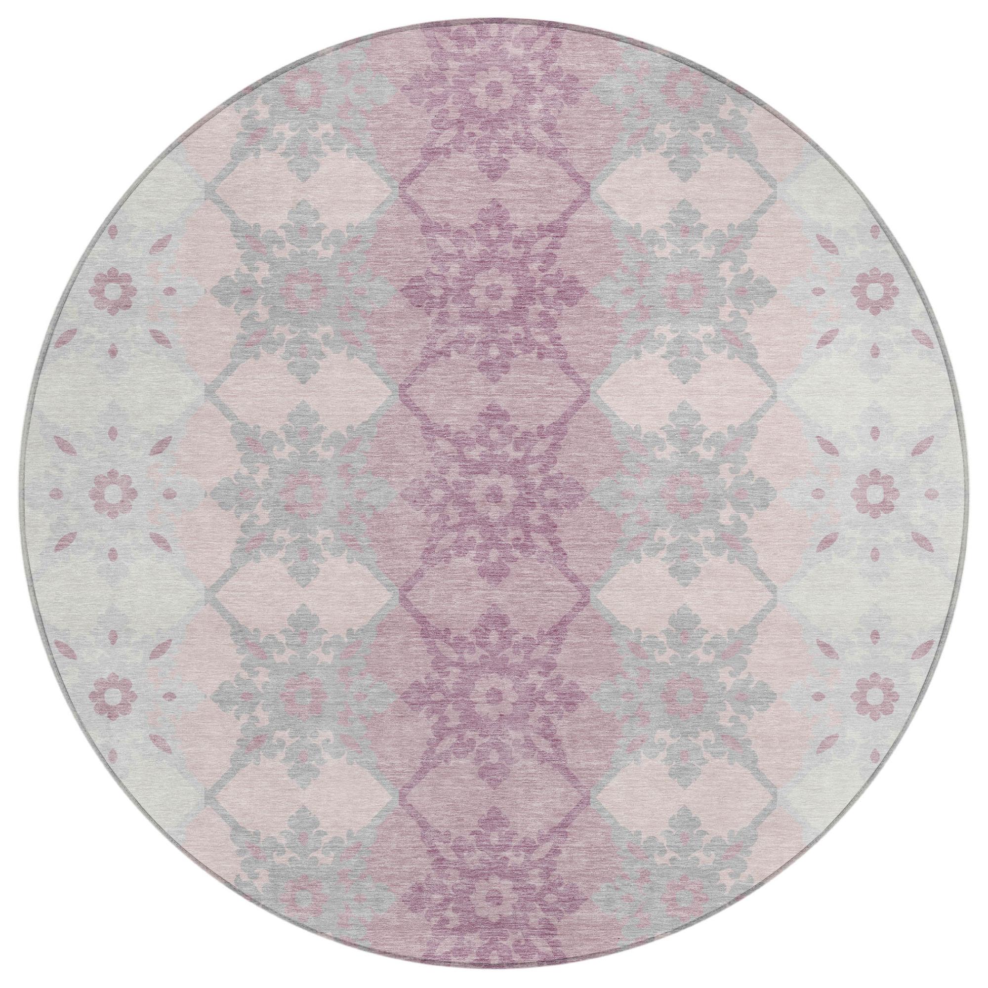 8' Pink And Pearl Round Floral Medallion Washable Indoor Outdoor Area Rug Homeroots Outdoor