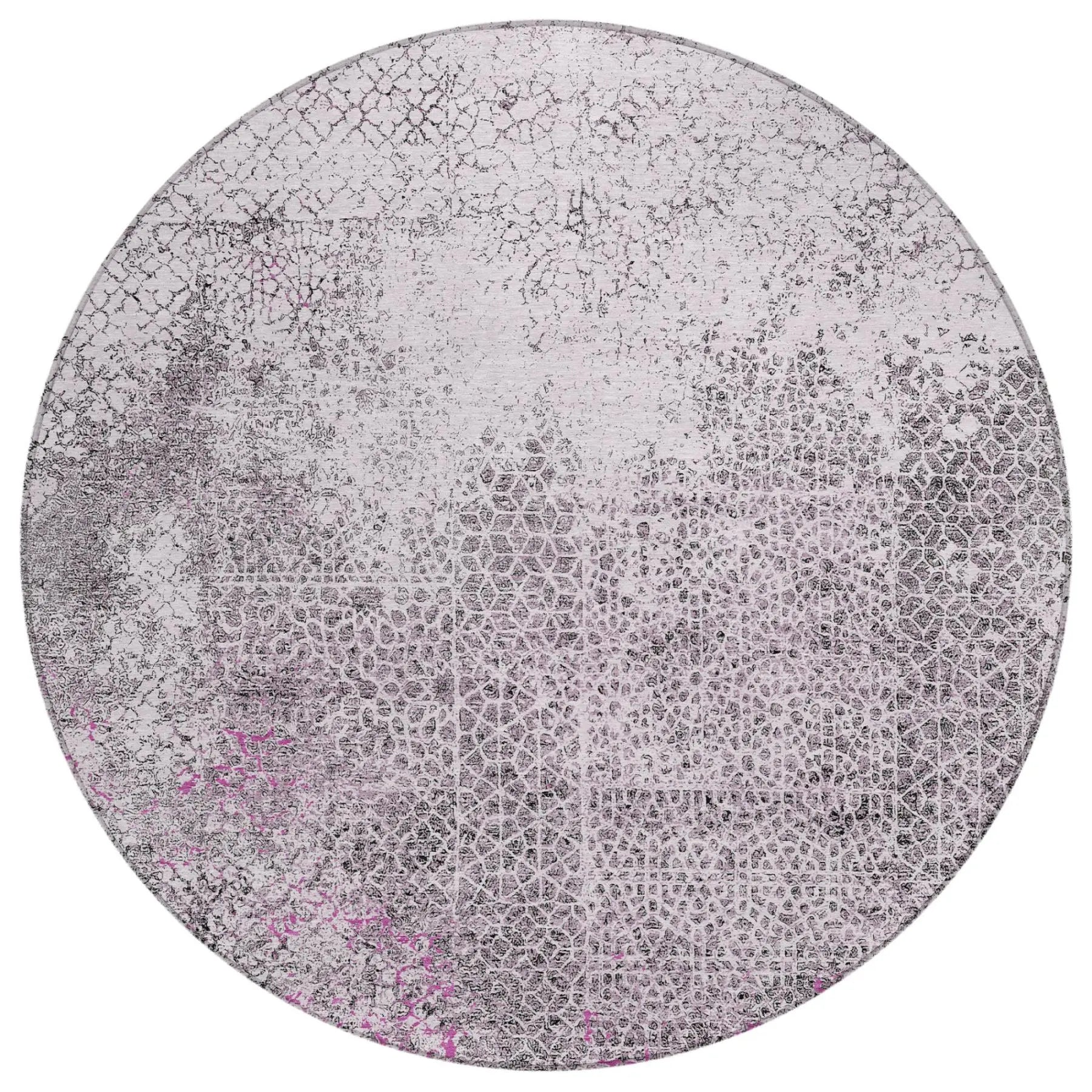 8' Pink And Pewter Round Abstract Washable Indoor Outdoor Area Rug Homeroots Outdoor