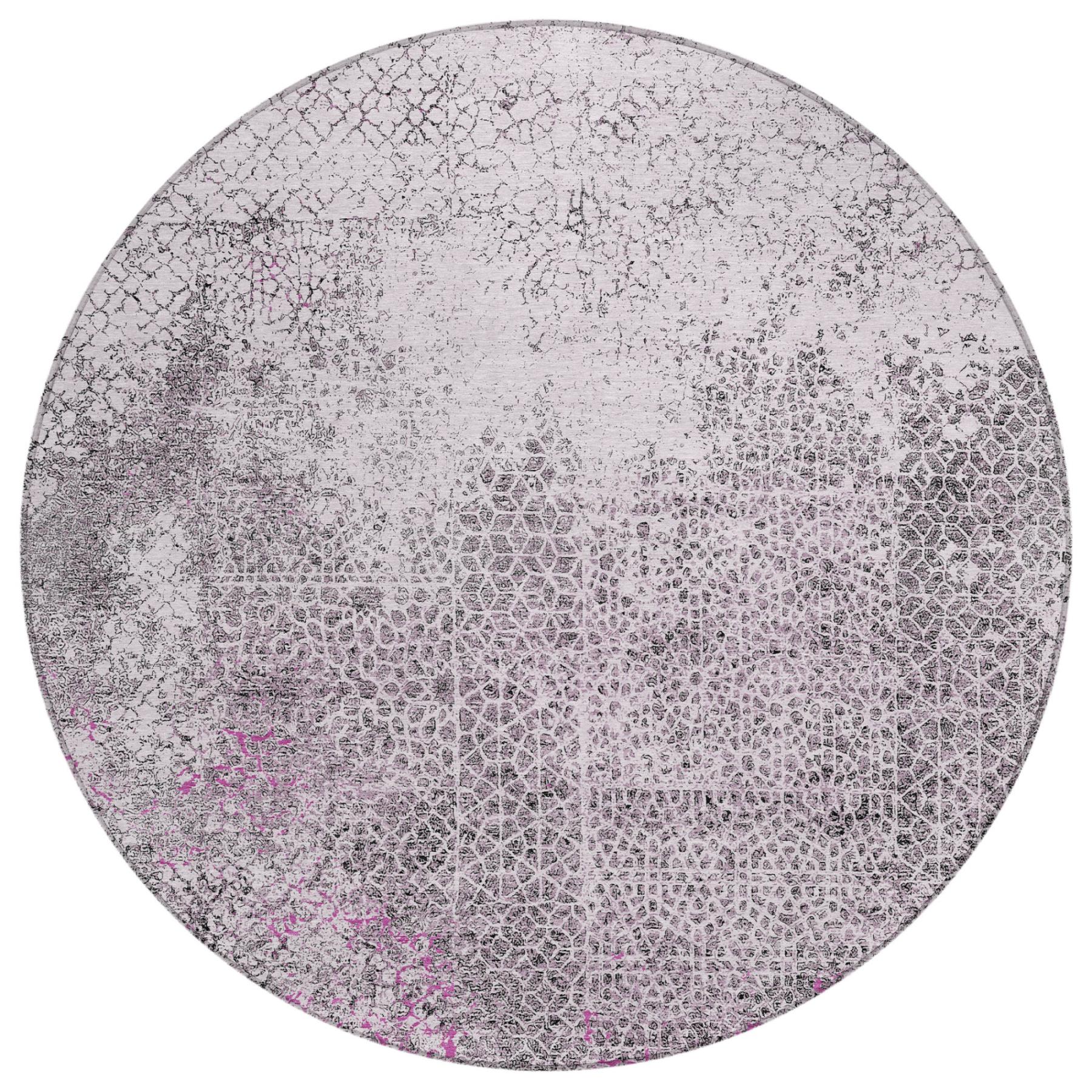 8' Pink And Pewter Round Abstract Washable Indoor Outdoor Area Rug Homeroots Outdoor