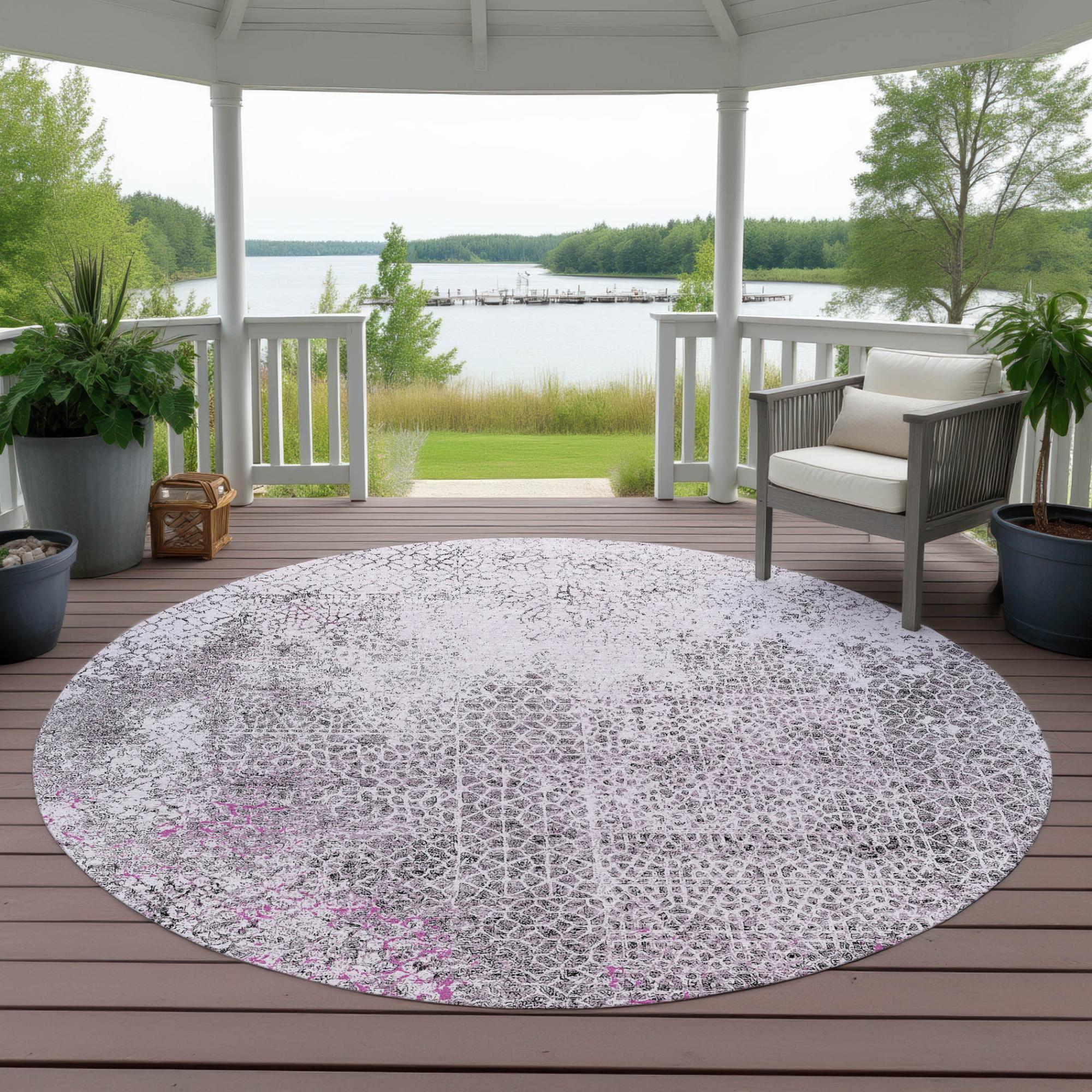 8' Pink And Pewter Round Abstract Washable Indoor Outdoor Area Rug Homeroots Outdoor