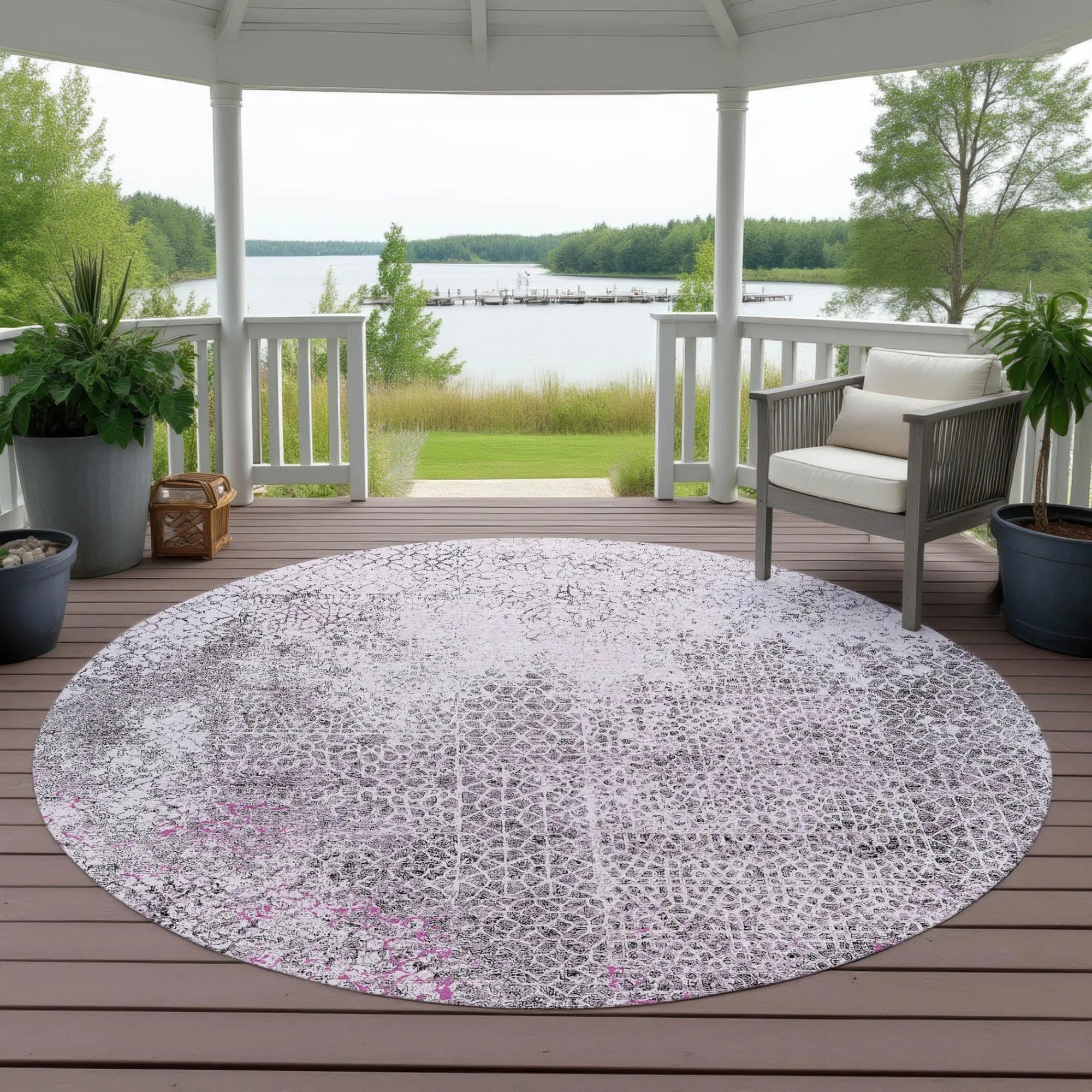 8' Pink And Pewter Round Abstract Washable Indoor Outdoor Area Rug Homeroots Outdoor