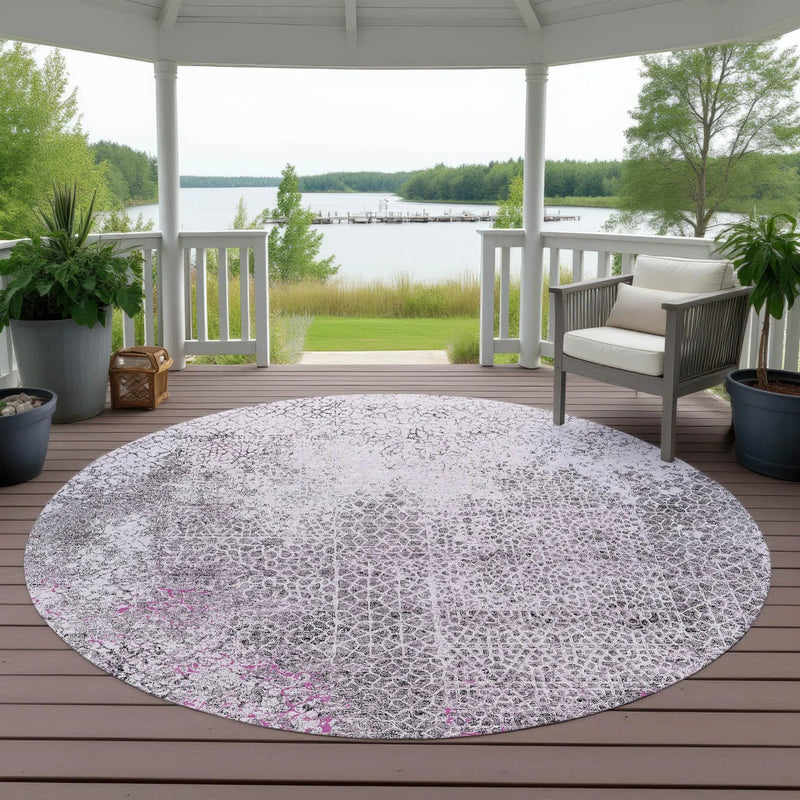 8' Pink And Pewter Round Abstract Washable Indoor Outdoor Area Rug Homeroots Outdoor