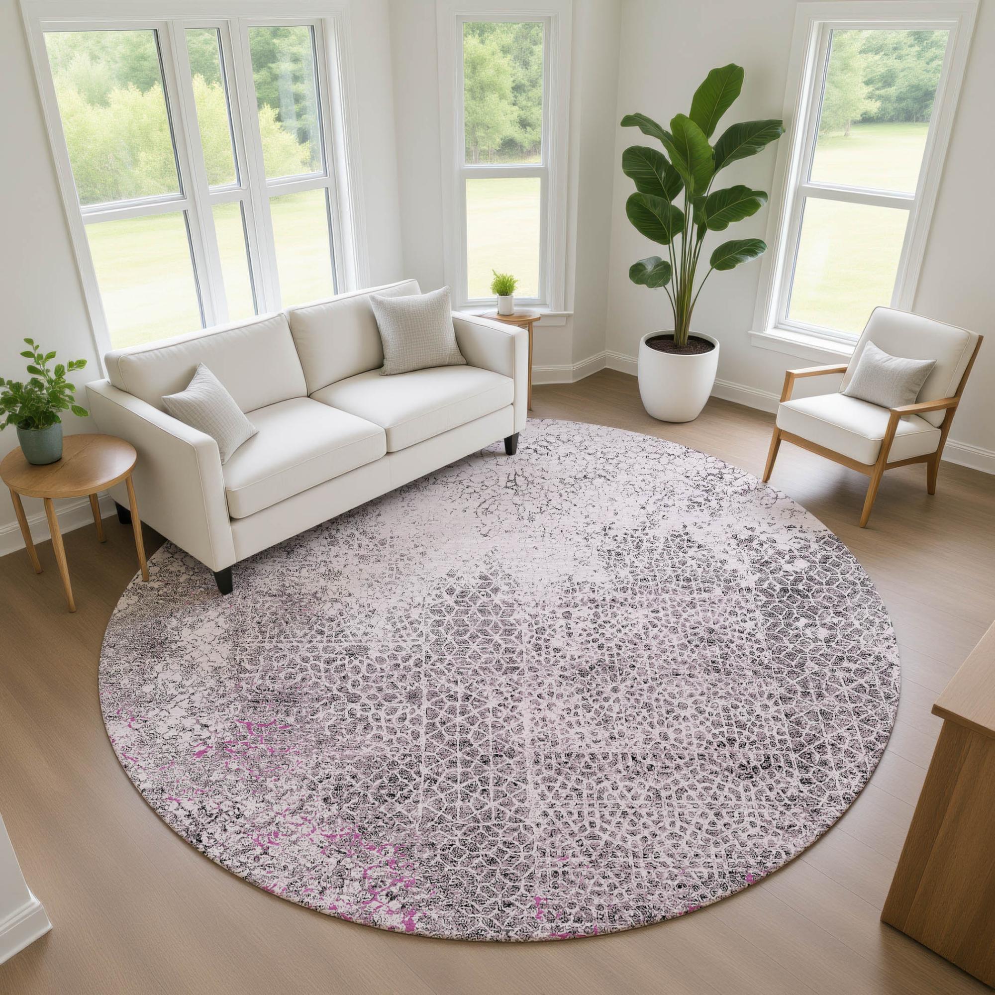 8' Pink And Pewter Round Abstract Washable Indoor Outdoor Area Rug Homeroots Outdoor