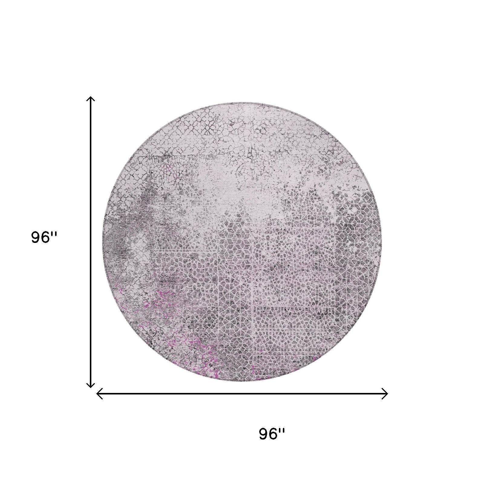 8' Pink And Pewter Round Abstract Washable Indoor Outdoor Area Rug Homeroots Outdoor