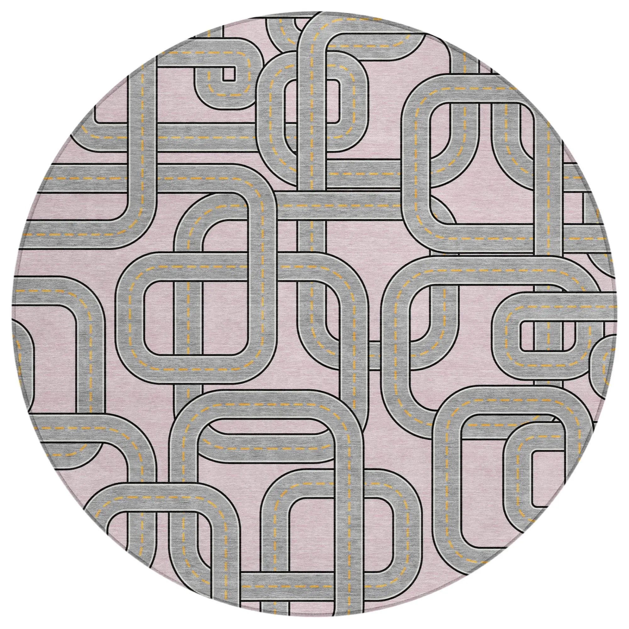 8' Pink And Pewter Round Geometric Washable Indoor Outdoor Area Rug Homeroots Outdoor