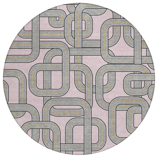 8' Pink And Pewter Round Geometric Washable Indoor Outdoor Area Rug Homeroots Outdoor