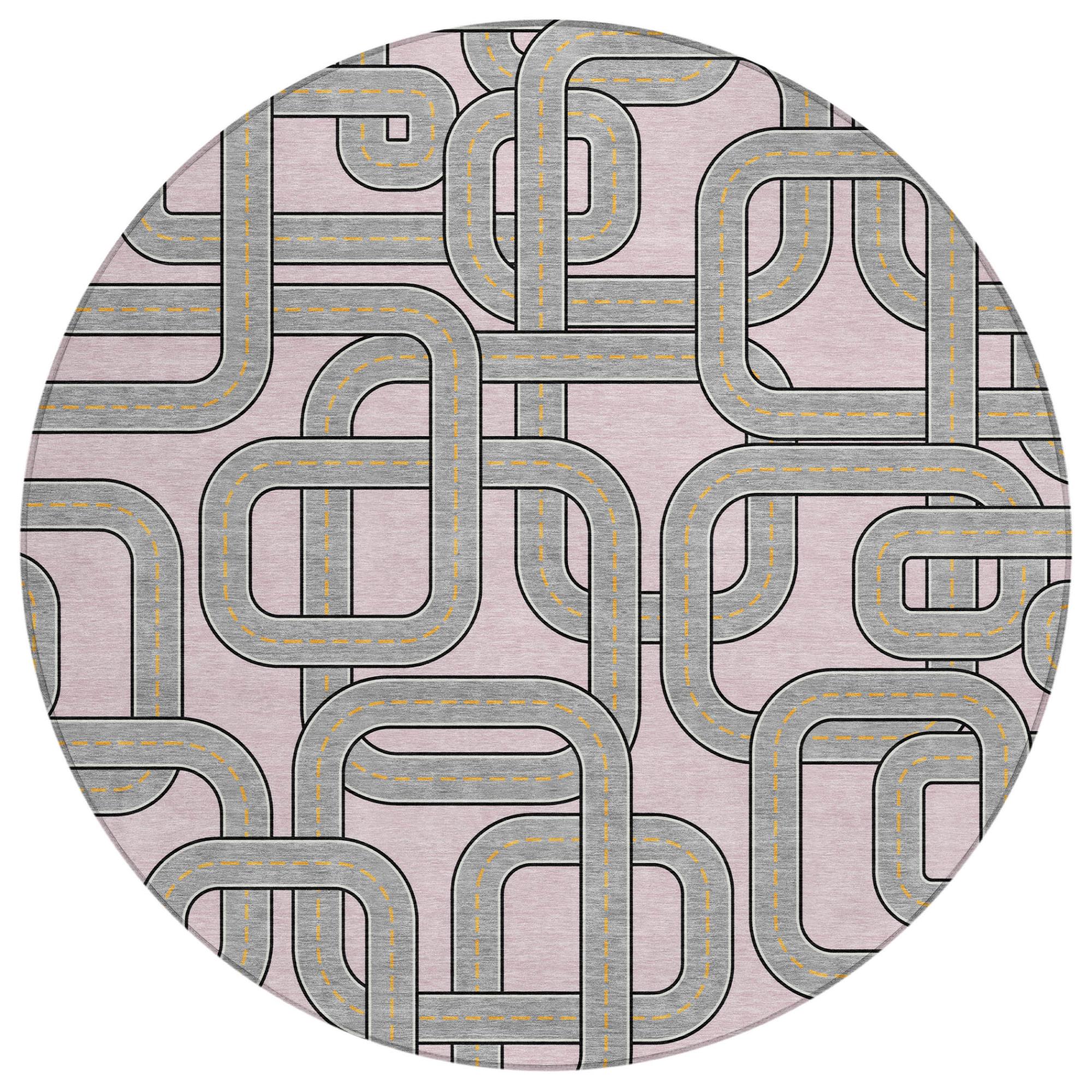 8' Pink And Pewter Round Geometric Washable Indoor Outdoor Area Rug Homeroots Outdoor