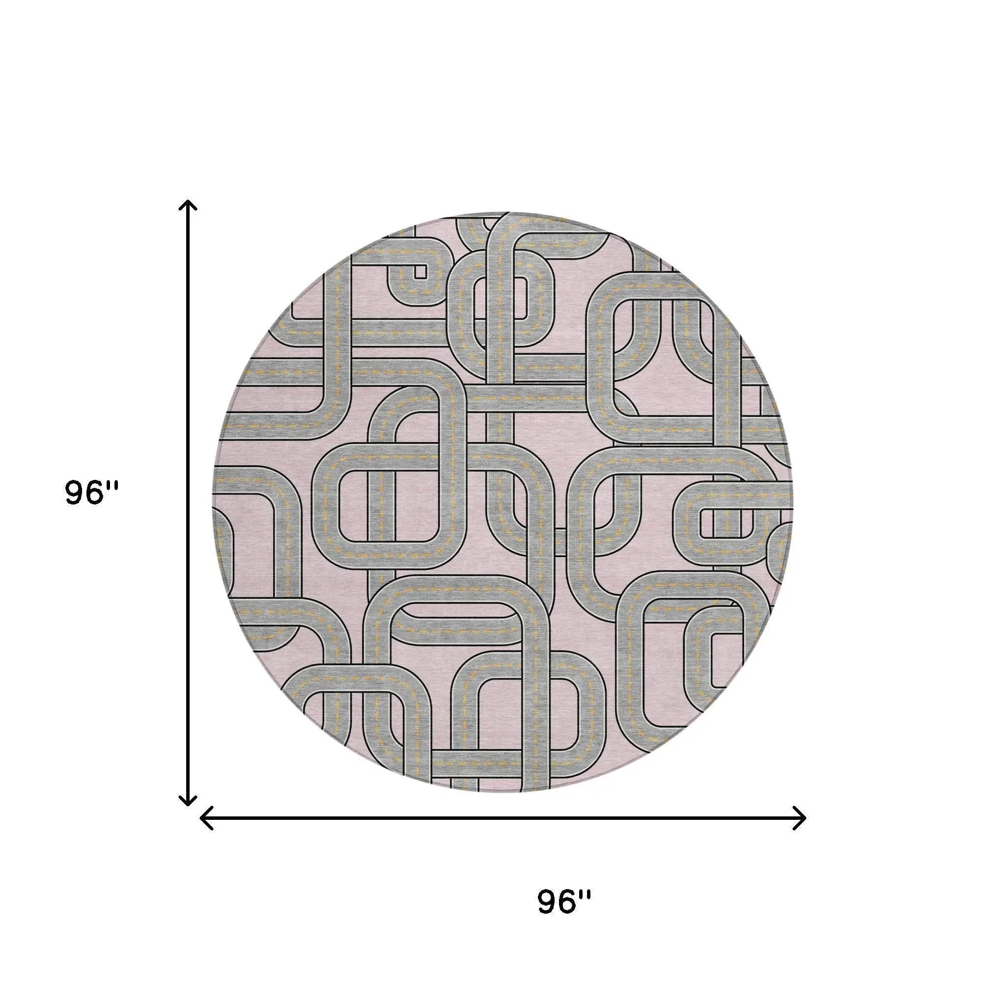 8' Pink And Pewter Round Geometric Washable Indoor Outdoor Area Rug Homeroots Outdoor