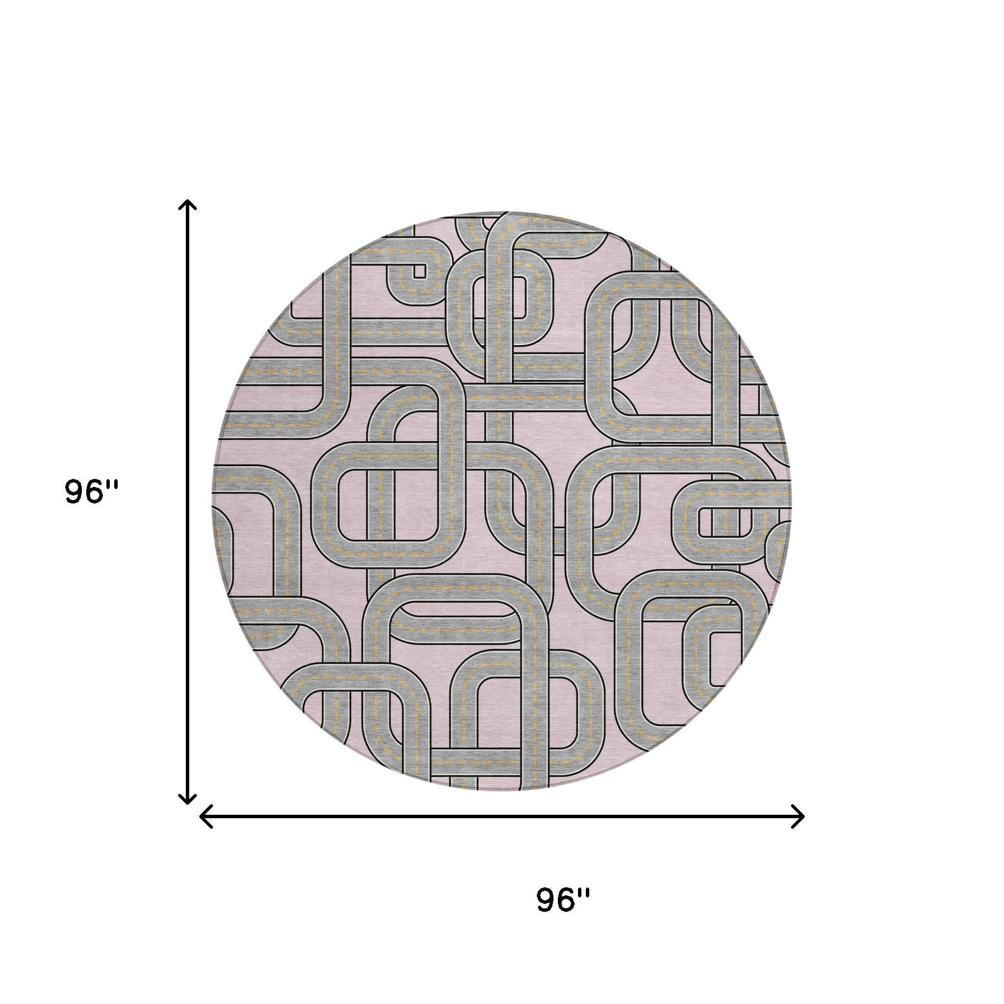 8' Pink And Pewter Round Geometric Washable Indoor Outdoor Area Rug Homeroots Outdoor