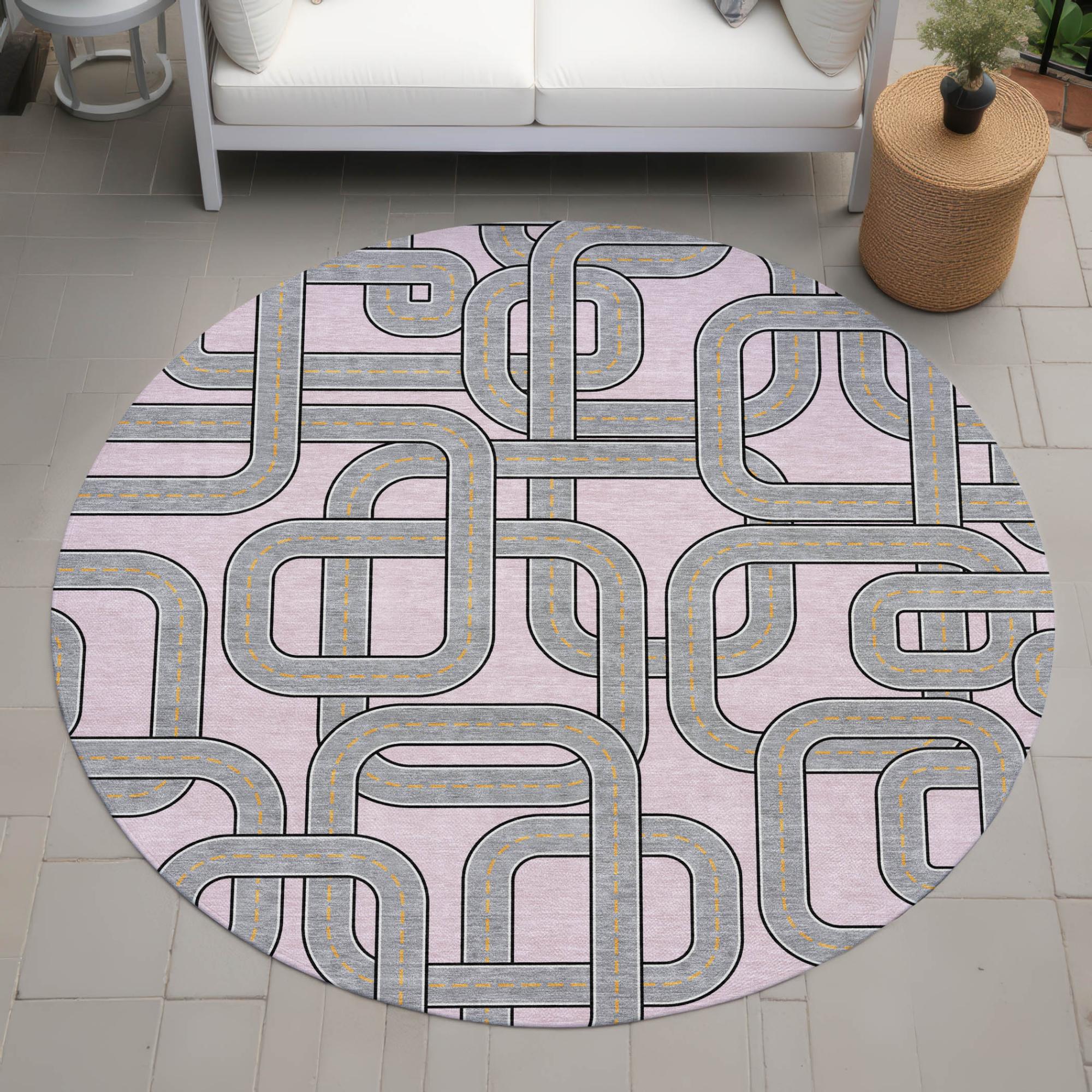 8' Pink And Pewter Round Geometric Washable Indoor Outdoor Area Rug Homeroots Outdoor