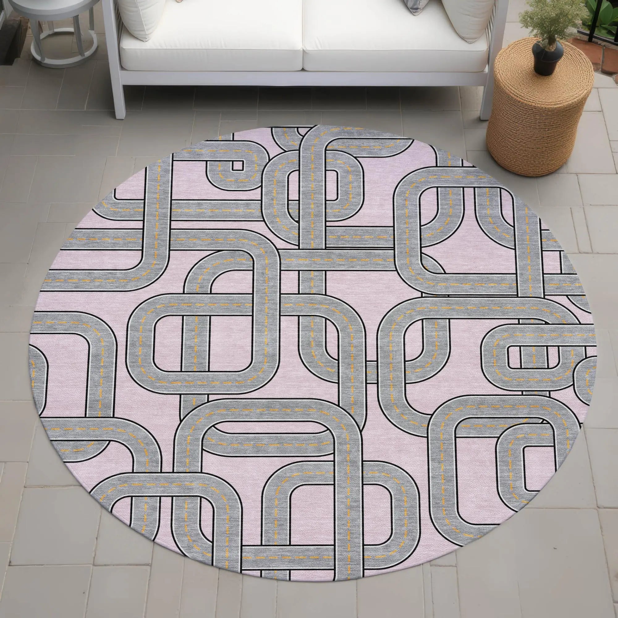 8' Pink And Pewter Round Geometric Washable Indoor Outdoor Area Rug Homeroots Outdoor