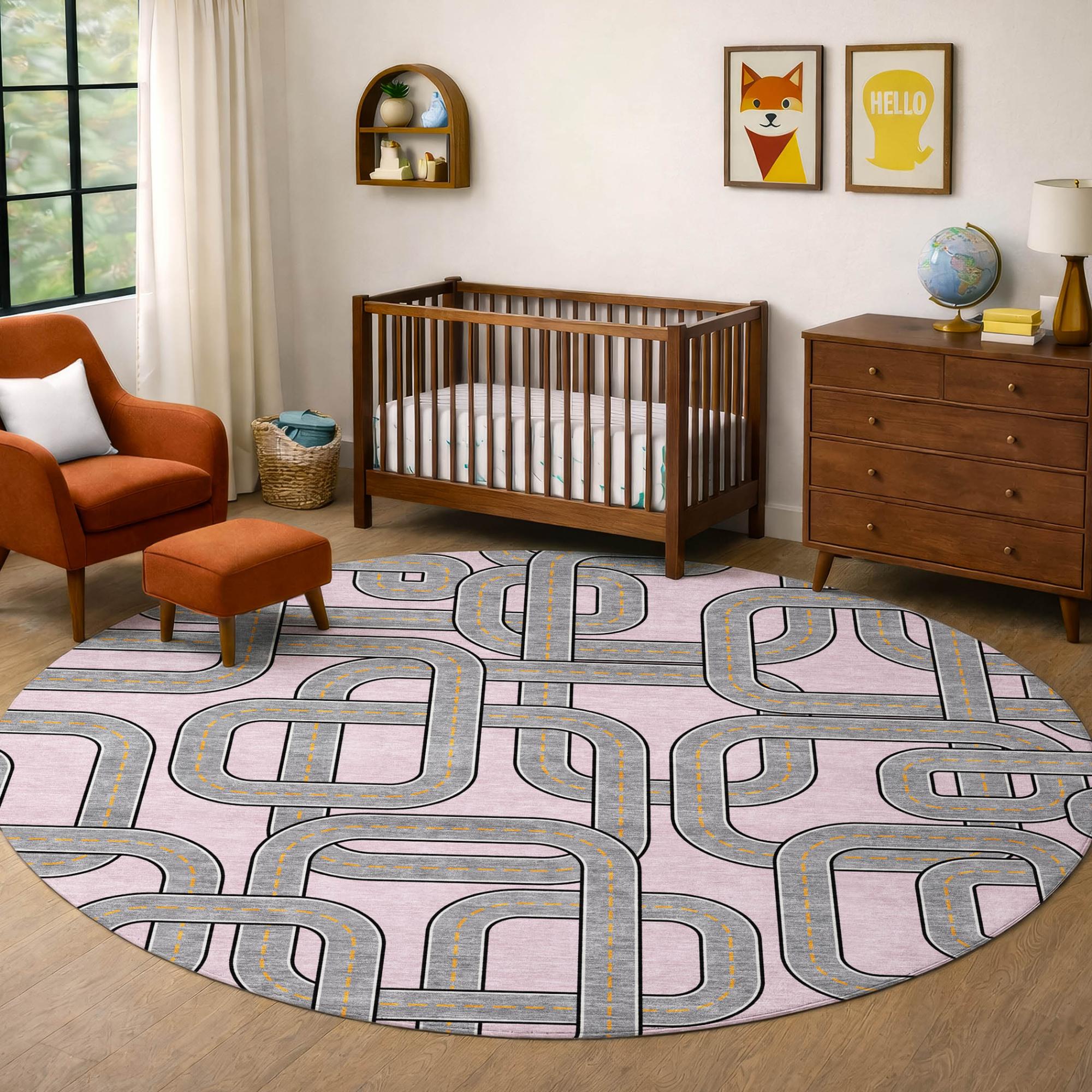 8' Pink And Pewter Round Geometric Washable Indoor Outdoor Area Rug Homeroots Outdoor