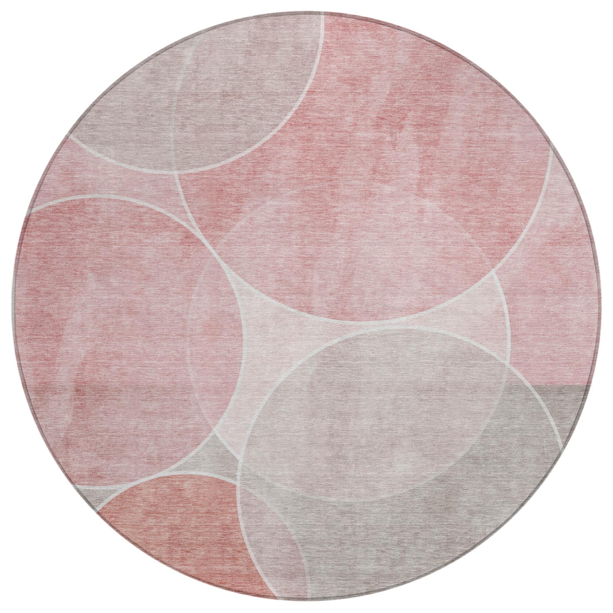 8' Pink And Pewter Round Geometric Washable Indoor Outdoor Area Rug Homeroots Outdoor