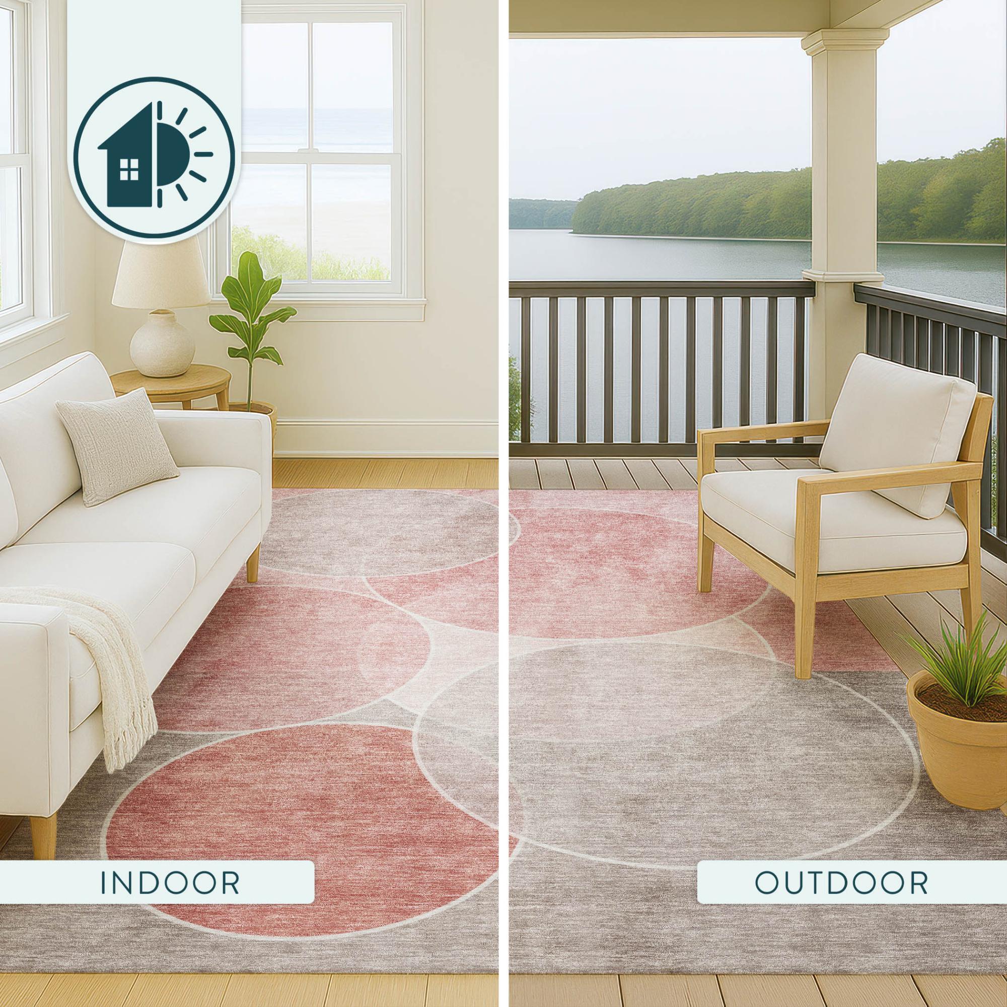 8' Pink And Pewter Round Geometric Washable Indoor Outdoor Area Rug Homeroots Outdoor