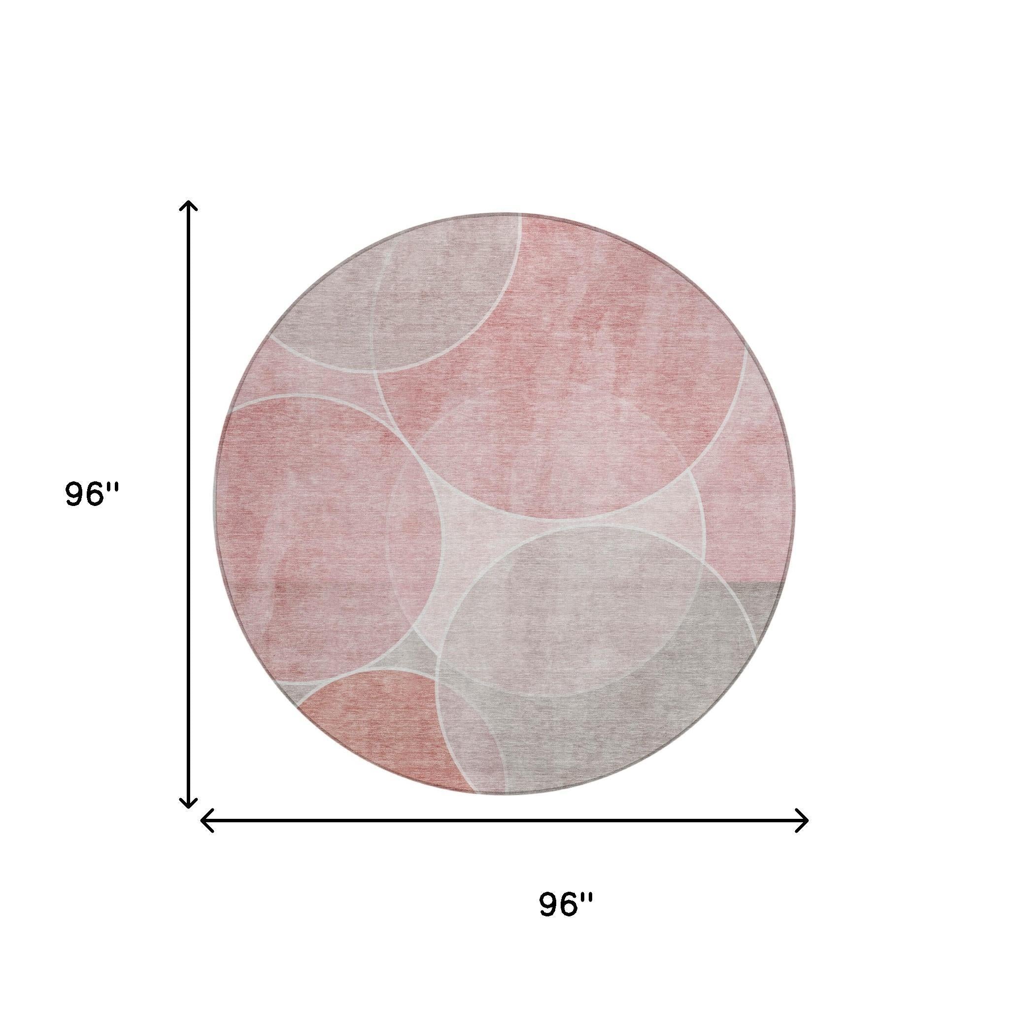 8' Pink And Pewter Round Geometric Washable Indoor Outdoor Area Rug Homeroots Outdoor