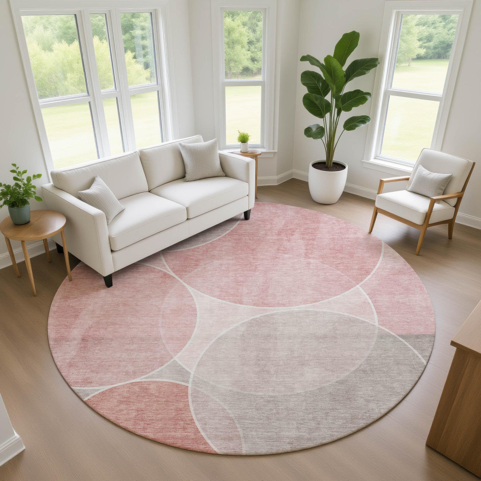8' Pink And Pewter Round Geometric Washable Indoor Outdoor Area Rug Homeroots Outdoor
