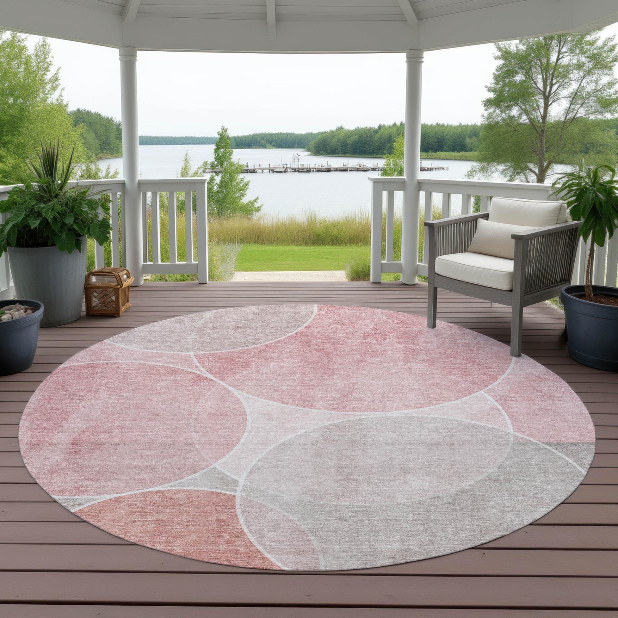 8' Pink And Pewter Round Geometric Washable Indoor Outdoor Area Rug Homeroots Outdoor