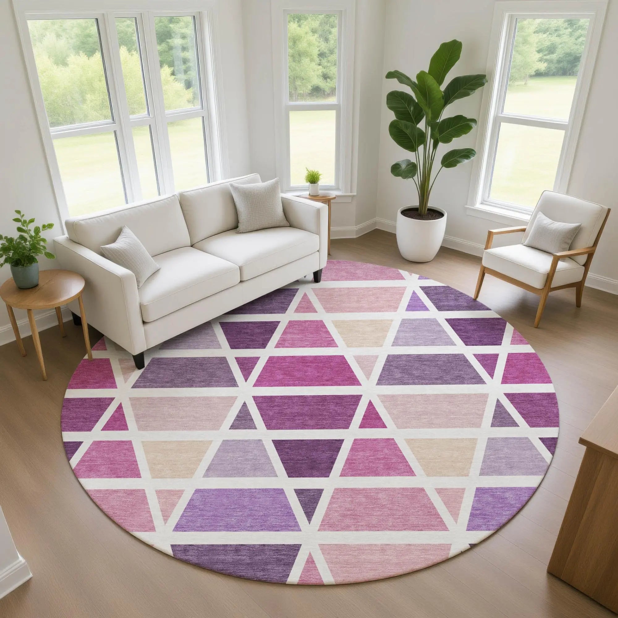 8' Pink And White Round Geometric Washable Indoor Outdoor Area Rug Homeroots Outdoor