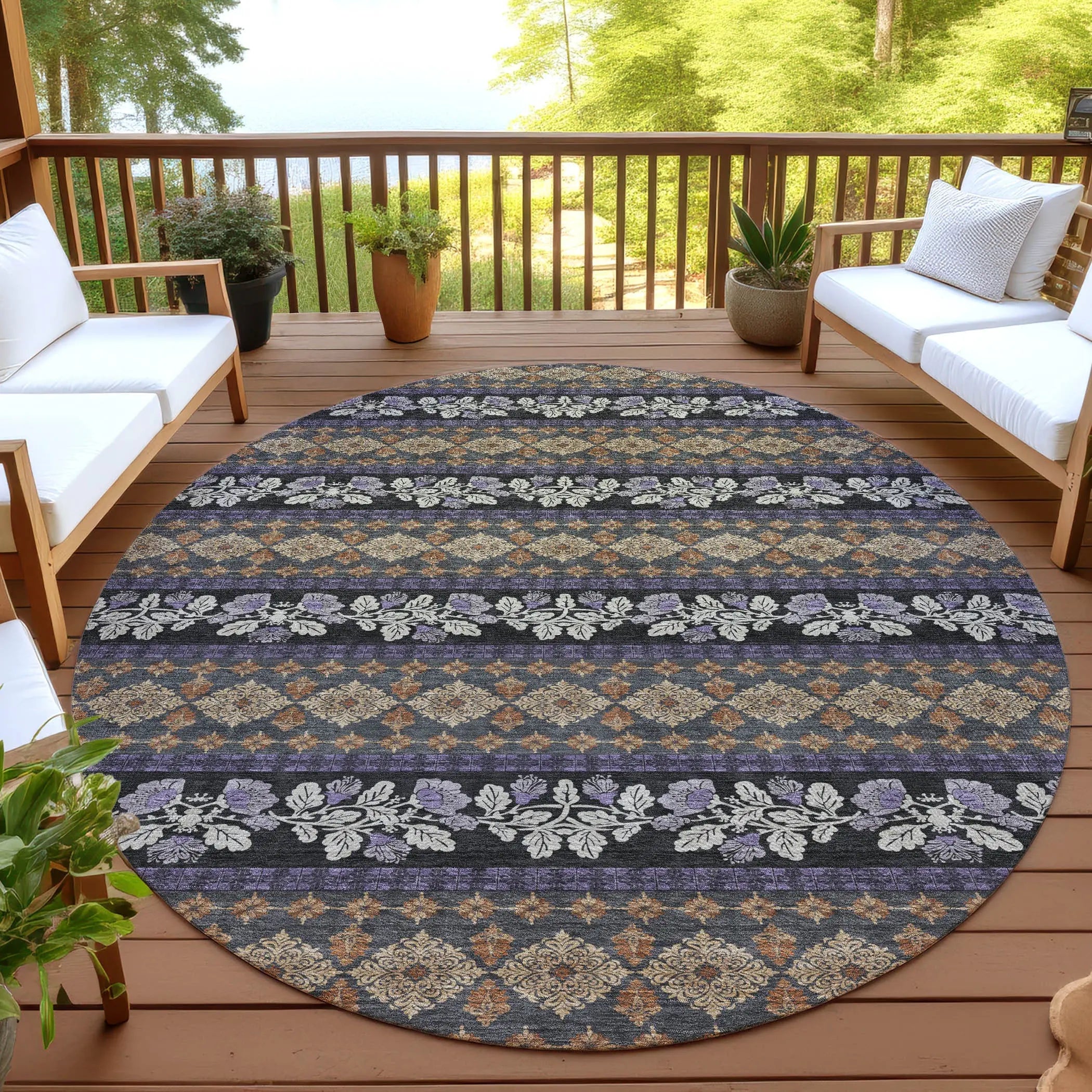 8' Plum And Copper Round Striped Washable Indoor Outdoor Area Rug Homeroots Outdoor