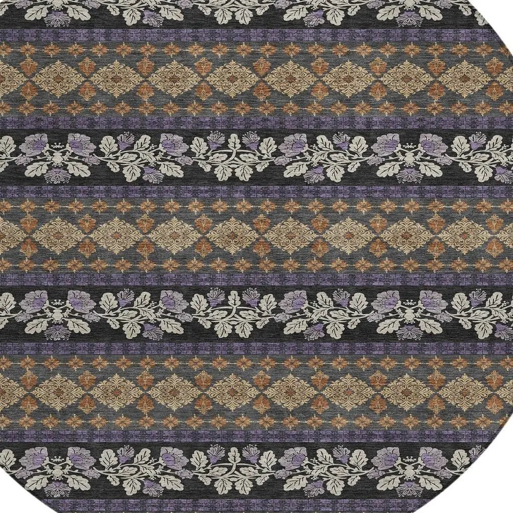 8' Plum And Copper Round Striped Washable Indoor Outdoor Area Rug Homeroots Outdoor