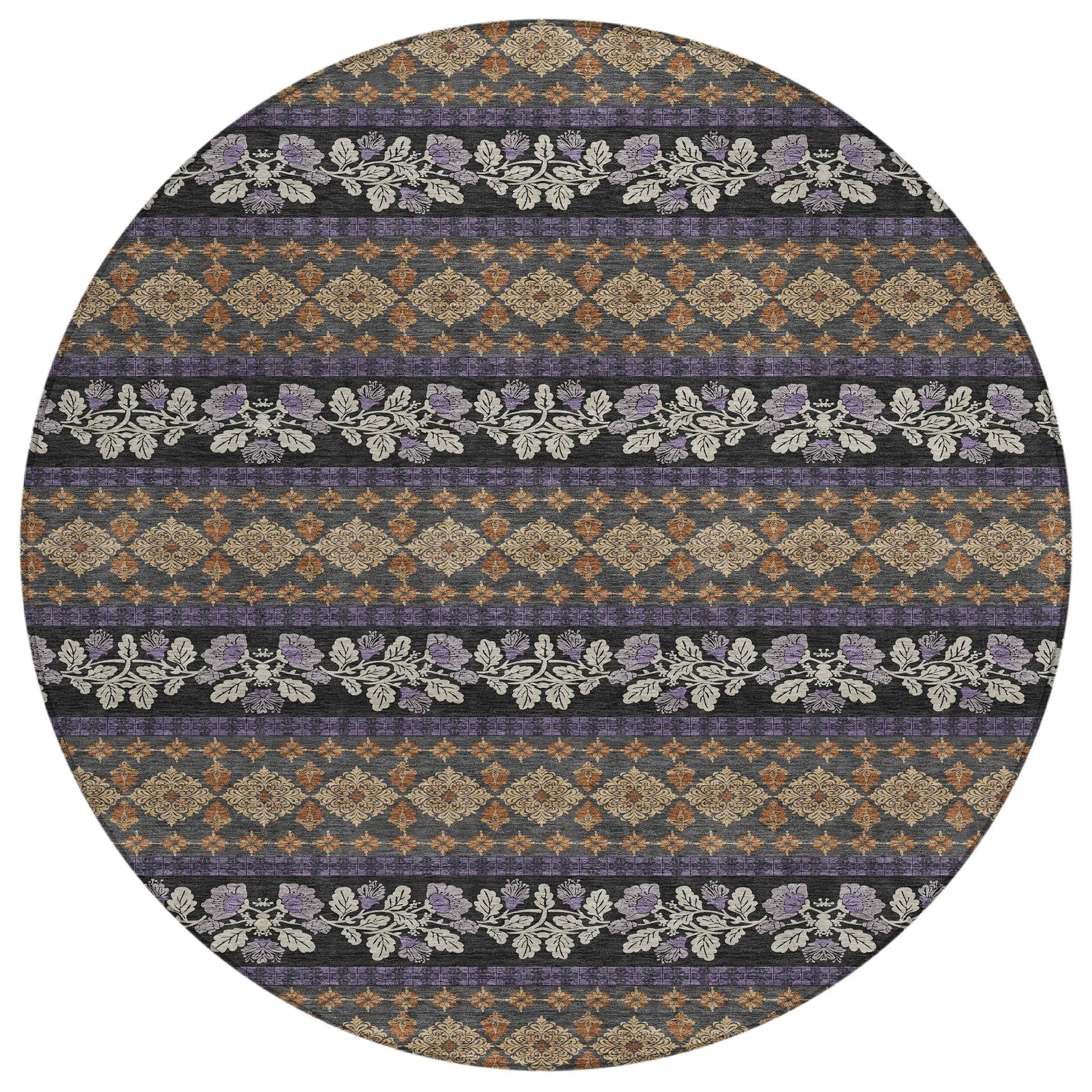 8' Plum And Copper Round Striped Washable Indoor Outdoor Area Rug Homeroots Outdoor