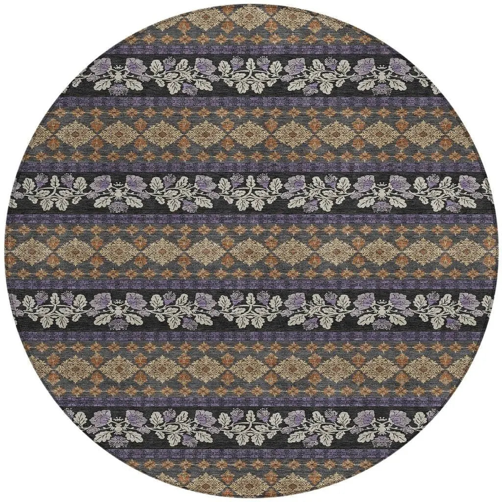 8' Plum And Copper Round Striped Washable Indoor Outdoor Area Rug Homeroots Outdoor