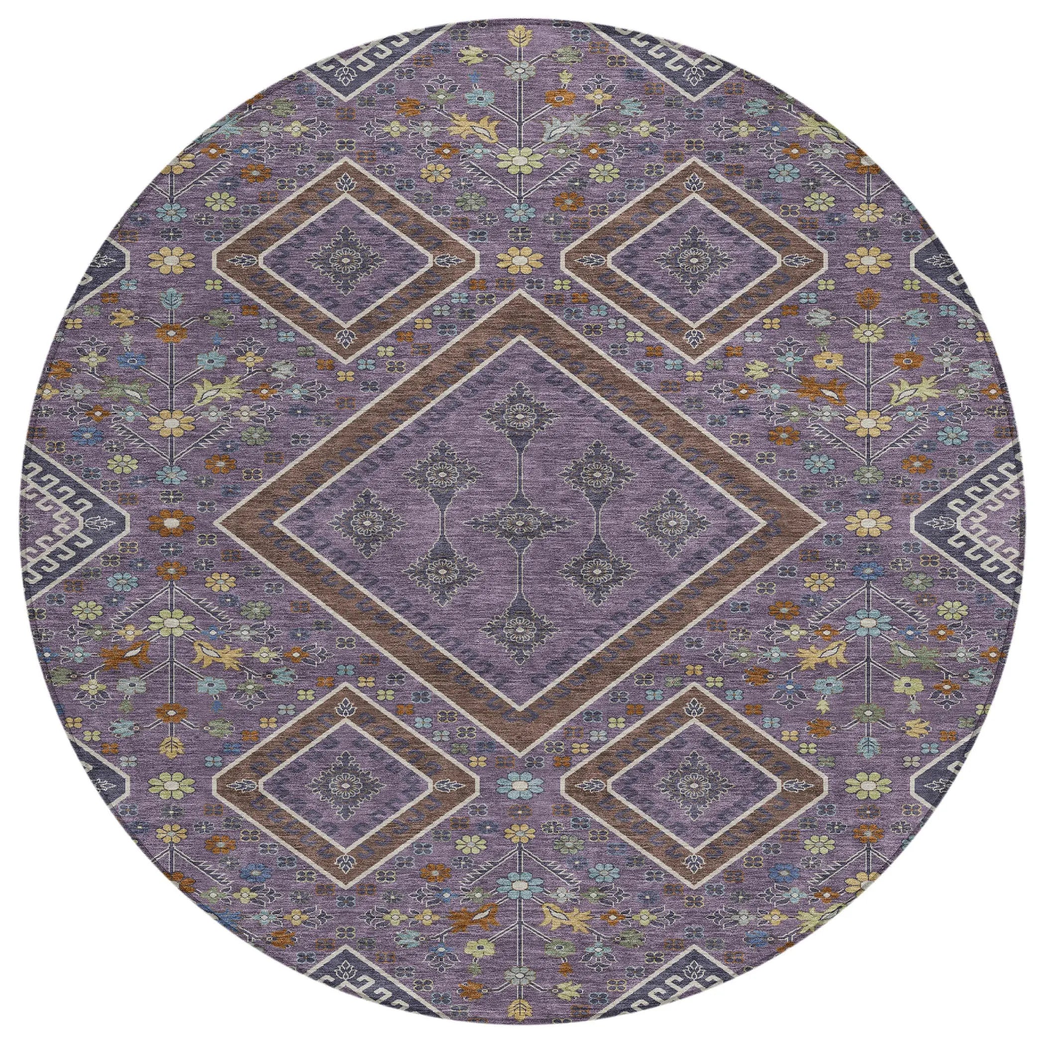 8' Plum And Eggplant Round Medallion Washable Indoor Outdoor Area Rug Homeroots Outdoor