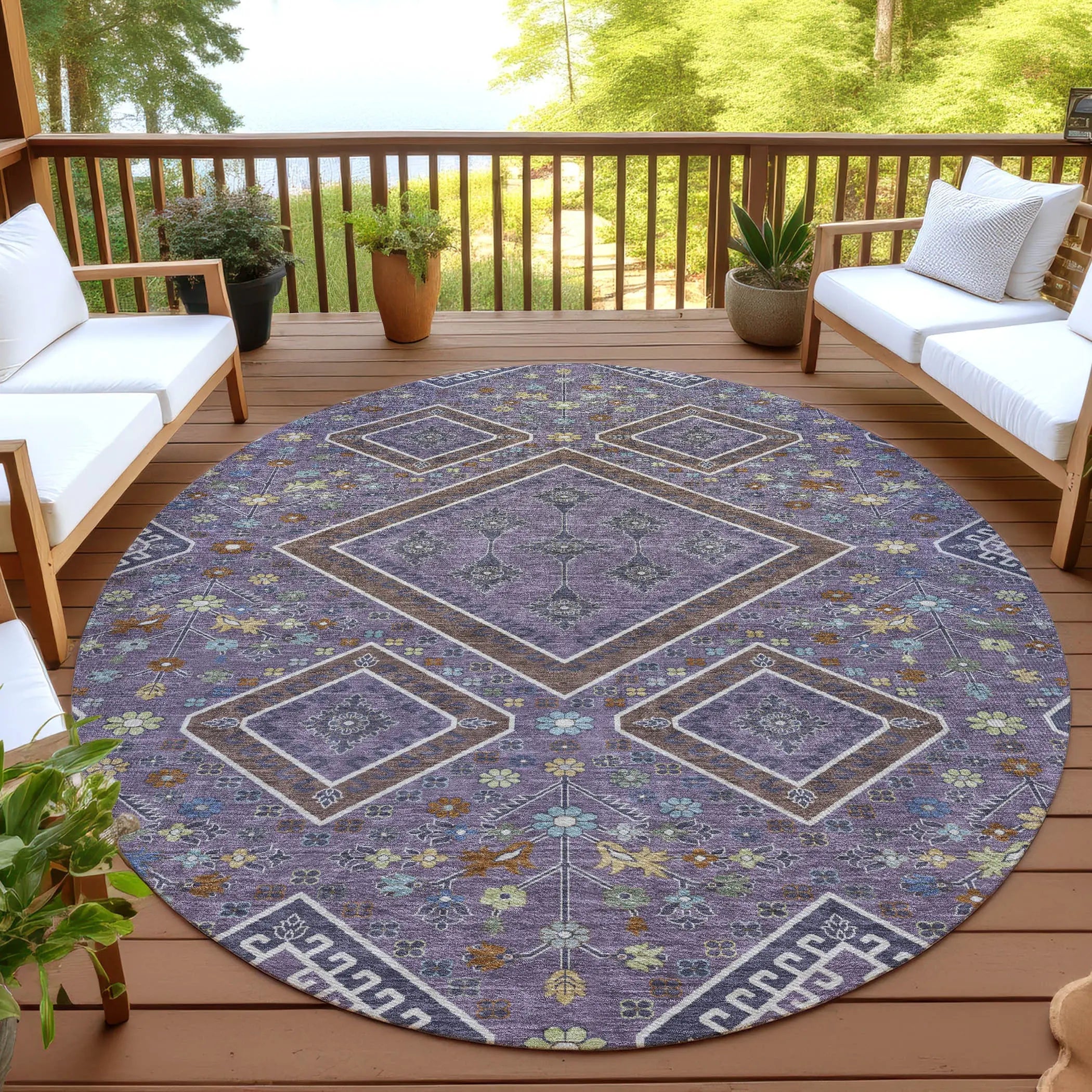 8' Plum And Eggplant Round Medallion Washable Indoor Outdoor Area Rug Homeroots Outdoor