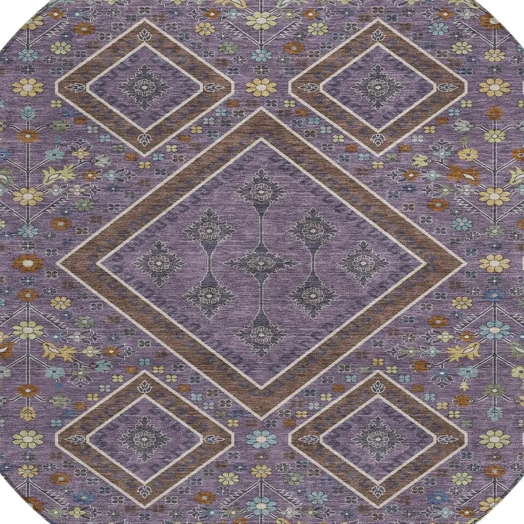 8' Plum And Eggplant Round Medallion Washable Indoor Outdoor Area Rug Homeroots Outdoor