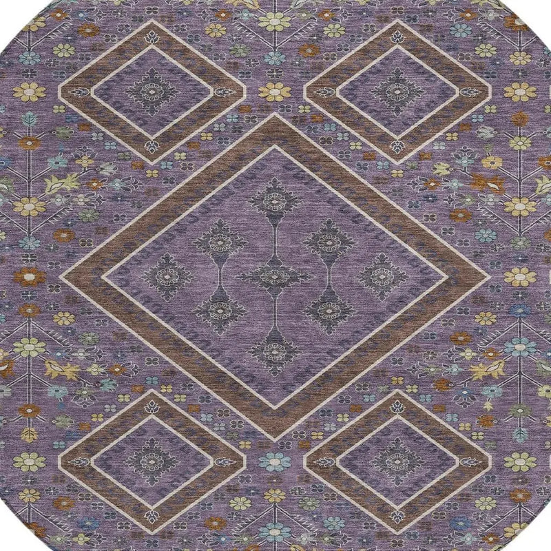 8' Plum And Eggplant Round Medallion Washable Indoor Outdoor Area Rug Homeroots Outdoor