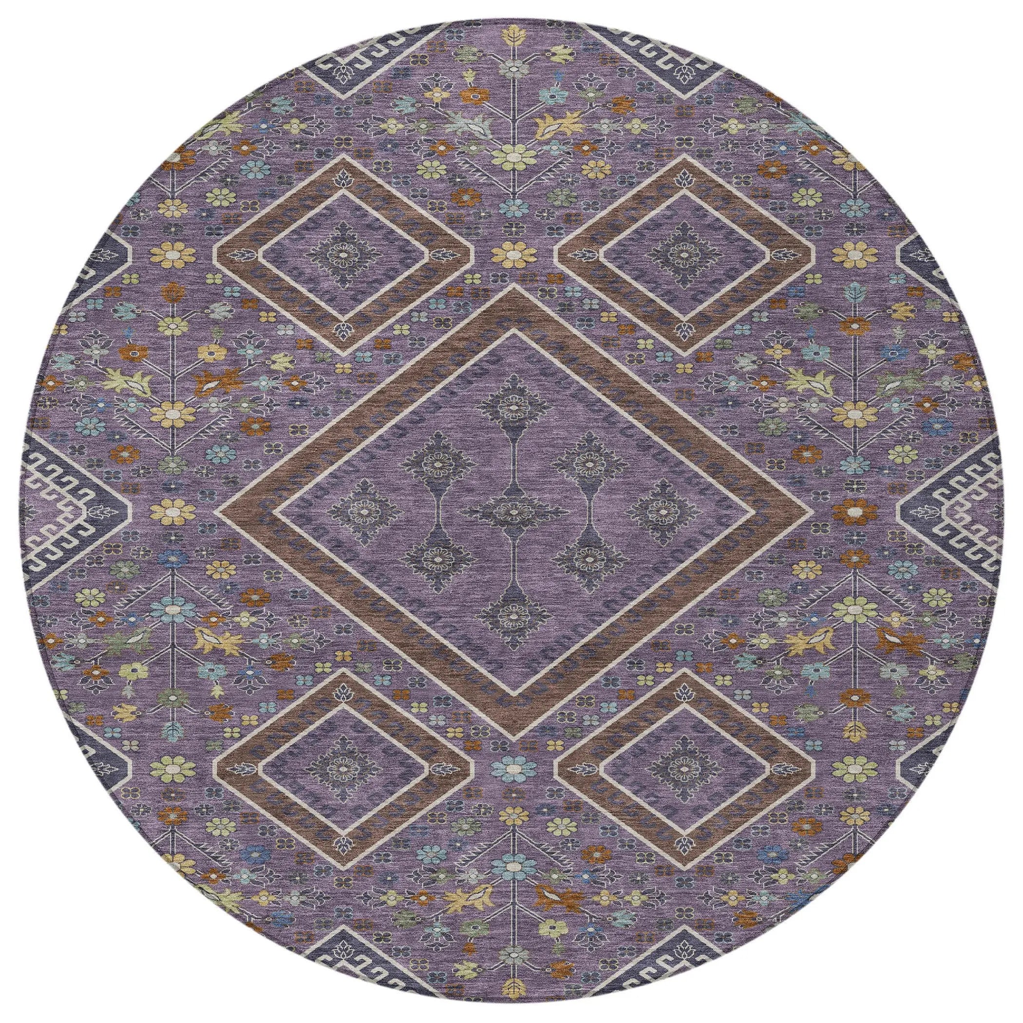 8' Plum And Eggplant Round Medallion Washable Indoor Outdoor Area Rug Homeroots Outdoor