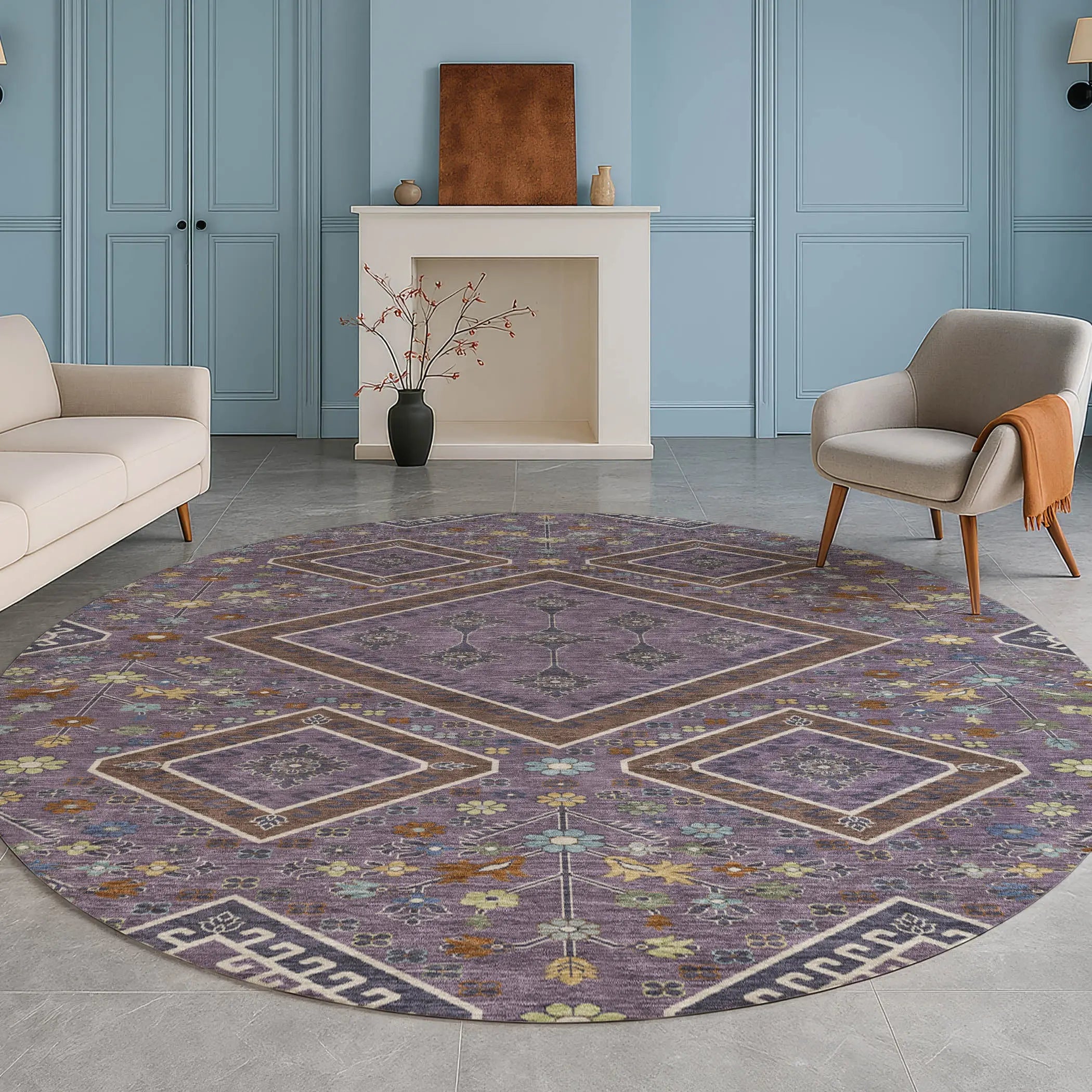 8' Plum And Eggplant Round Medallion Washable Indoor Outdoor Area Rug Homeroots Outdoor