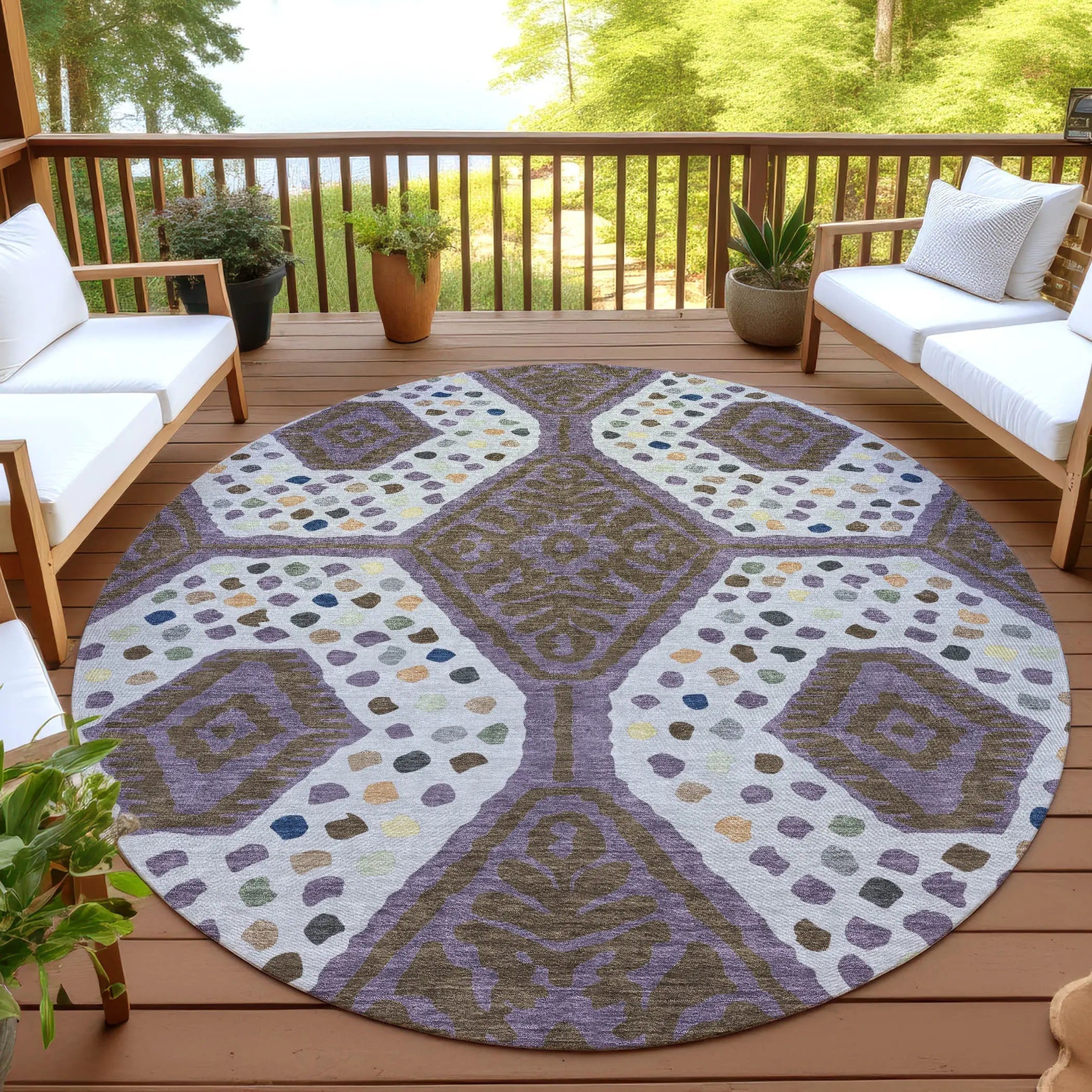 8' Plum And Eggplant Round Tribal Washable Indoor Outdoor Area Rug Homeroots Outdoor