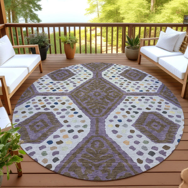 8' Plum And Eggplant Round Tribal Washable Indoor Outdoor Area Rug Homeroots Outdoor
