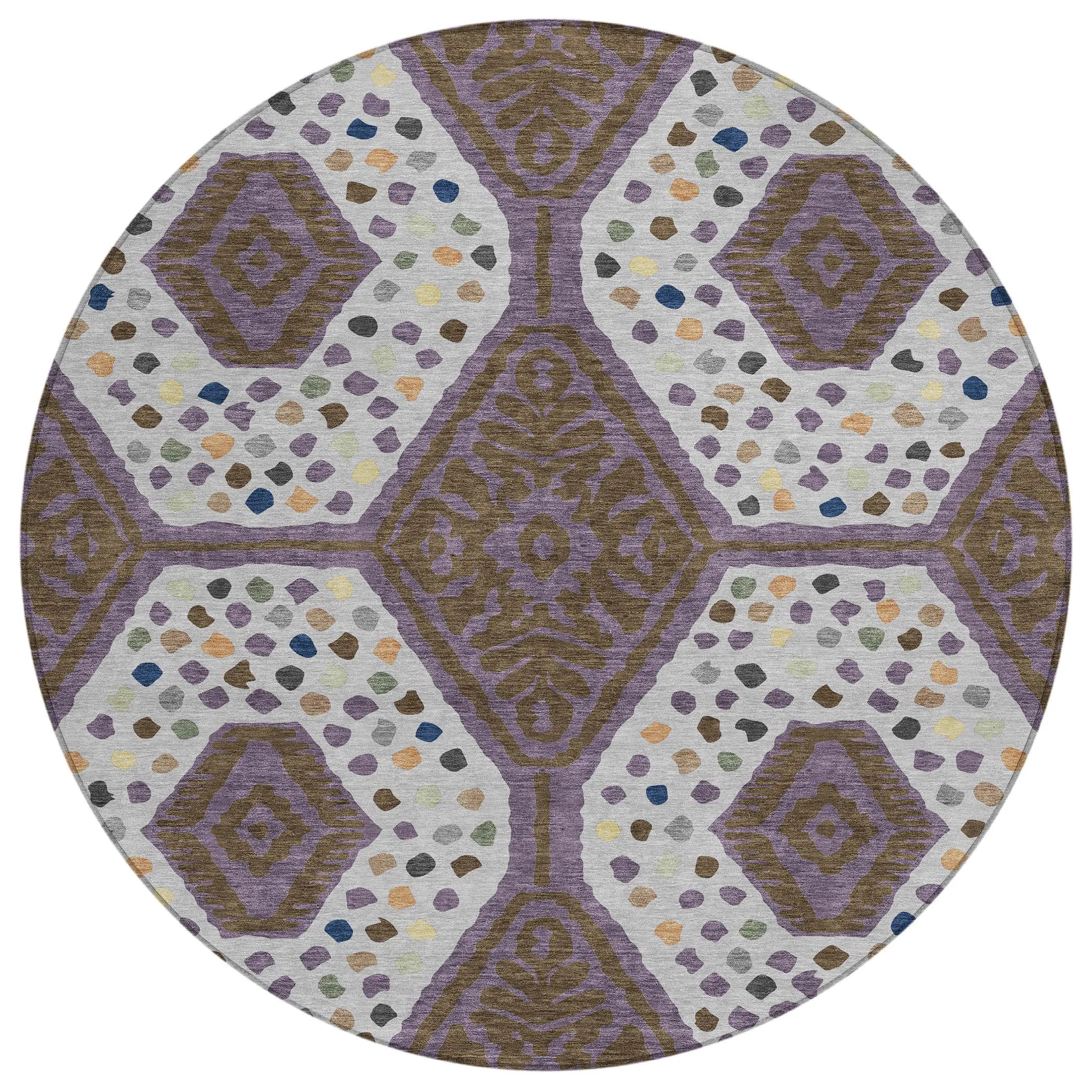 8' Plum And Eggplant Round Tribal Washable Indoor Outdoor Area Rug Homeroots Outdoor
