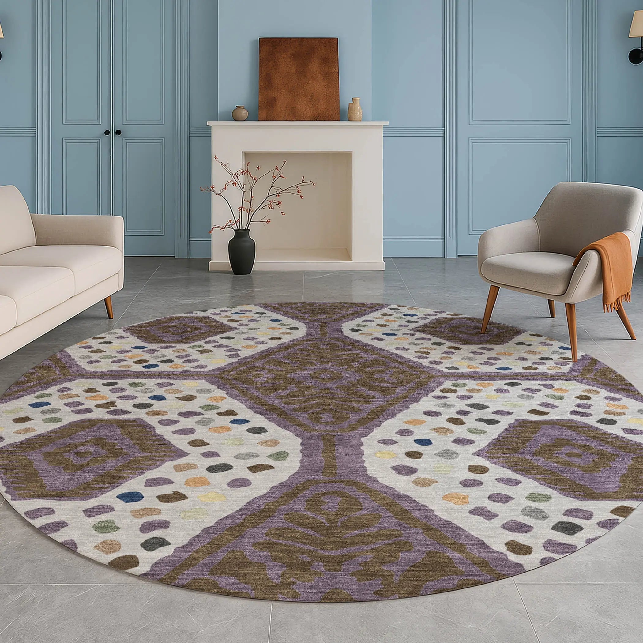 8' Plum And Eggplant Round Tribal Washable Indoor Outdoor Area Rug Homeroots Outdoor