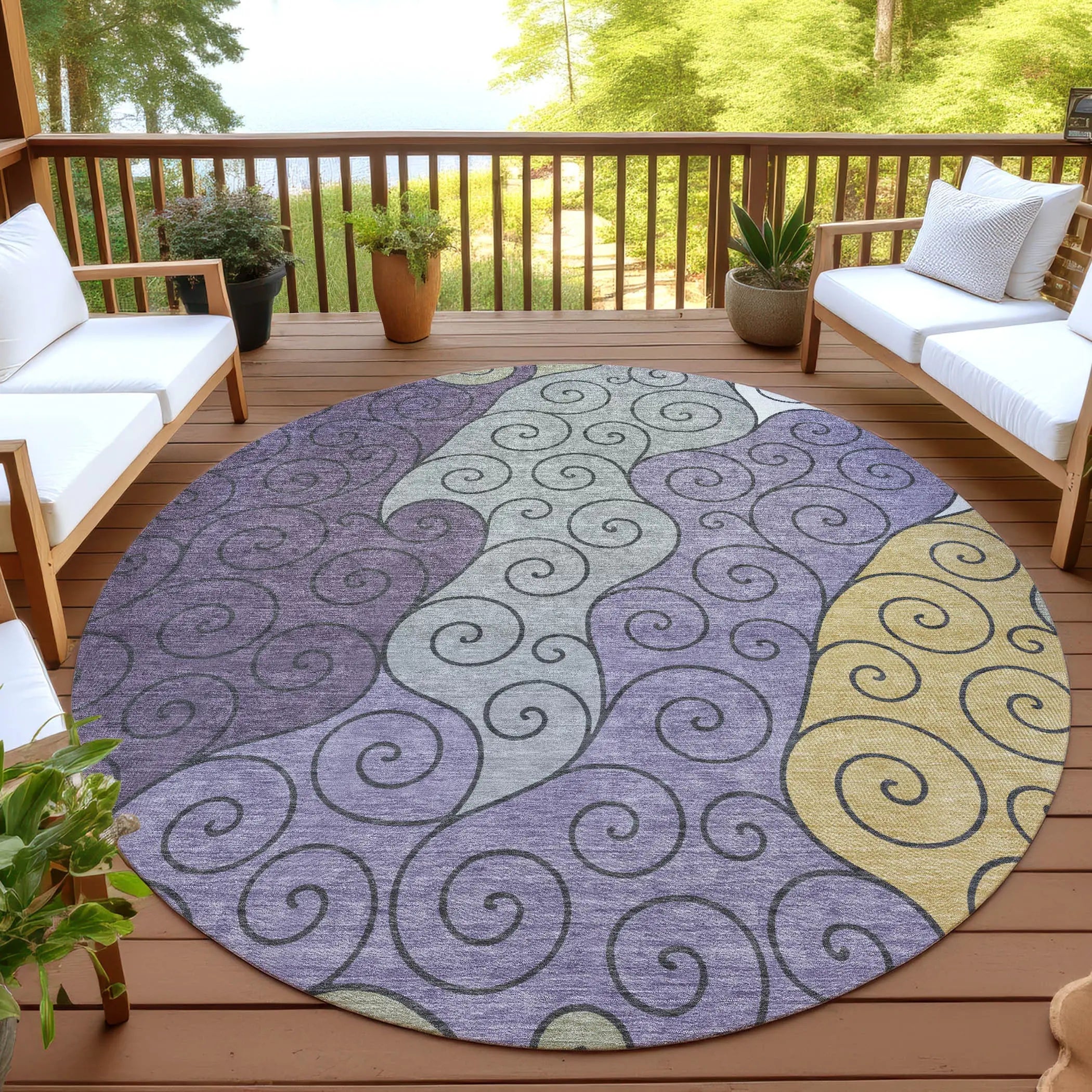 8' Plum And Gray Round Abstract Washable Indoor Outdoor Area Rug Homeroots Outdoor