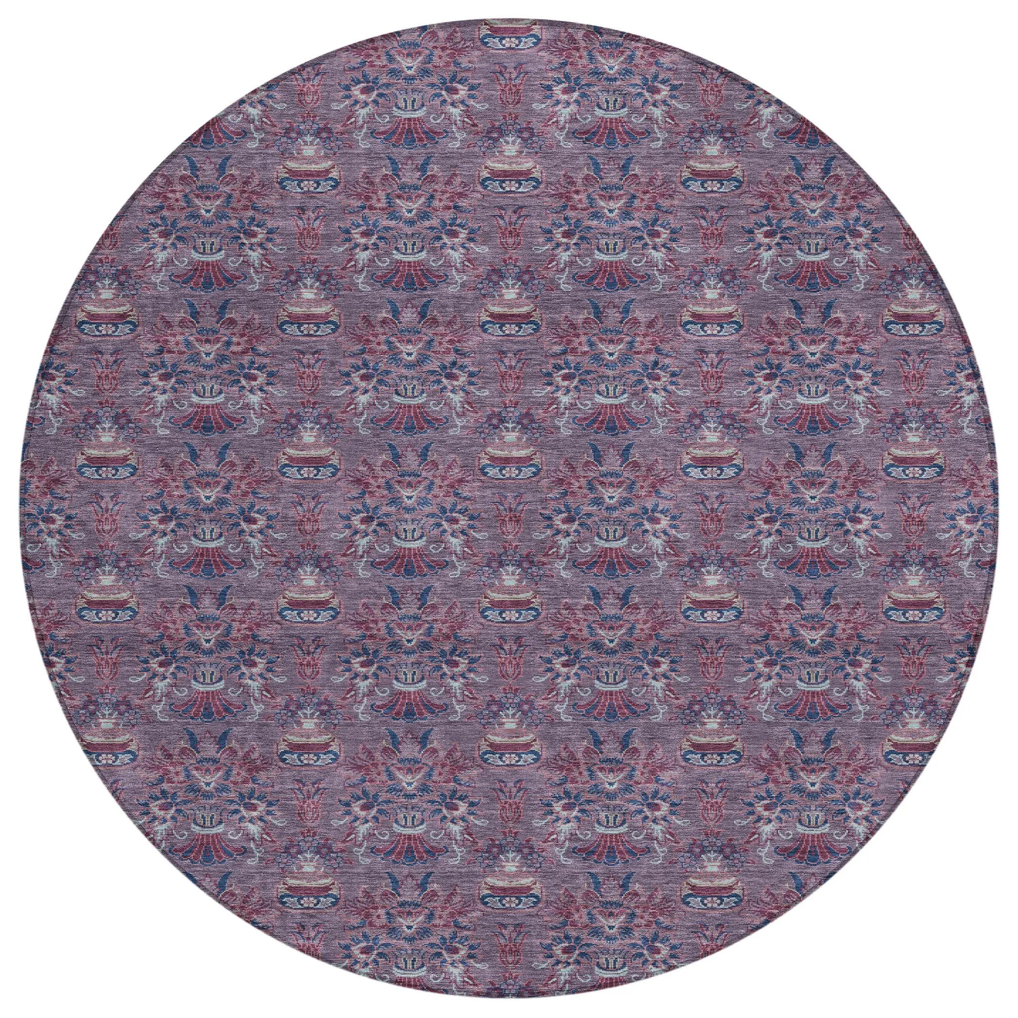 8' Plum And Gray Round Floral Washable Indoor Outdoor Area Rug Homeroots Outdoor