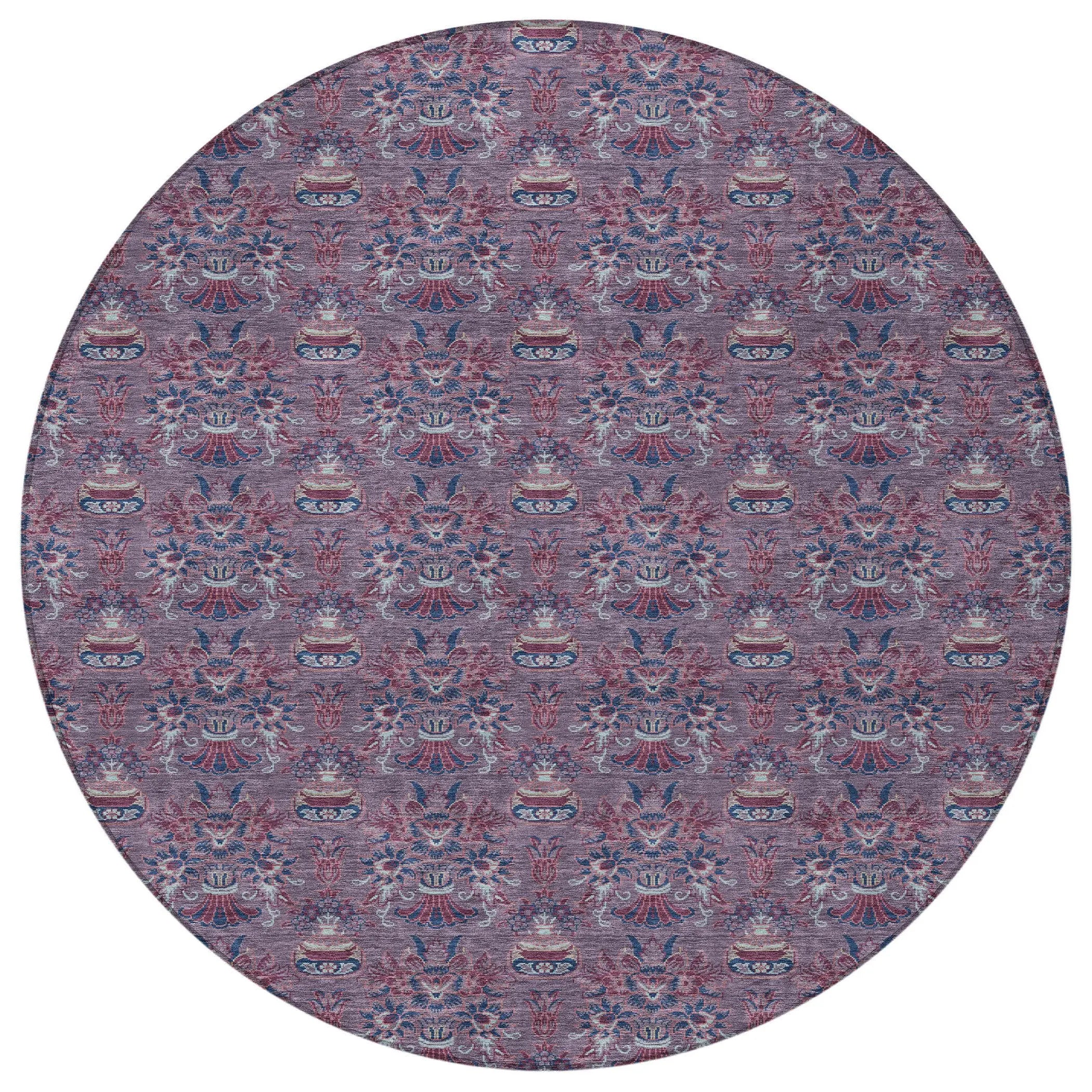 8' Plum And Gray Round Floral Washable Indoor Outdoor Area Rug Homeroots Outdoor