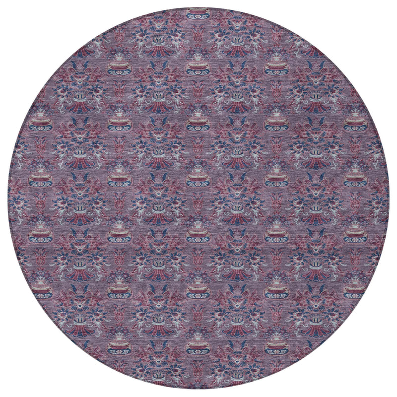 8' Plum And Gray Round Floral Washable Indoor Outdoor Area Rug Homeroots Outdoor