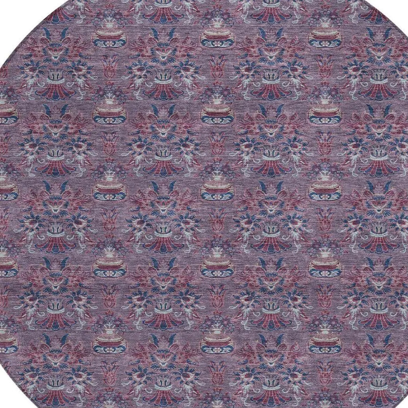 8' Plum And Gray Round Floral Washable Indoor Outdoor Area Rug Homeroots Outdoor
